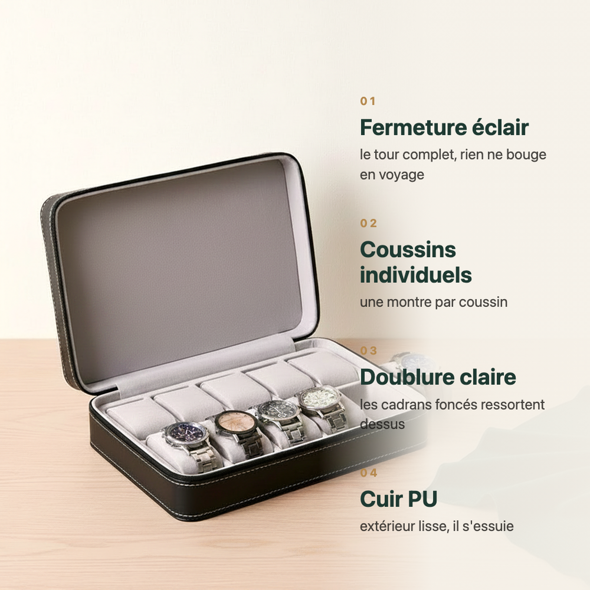 Boîte à montre ouverte, dix coussins alignés