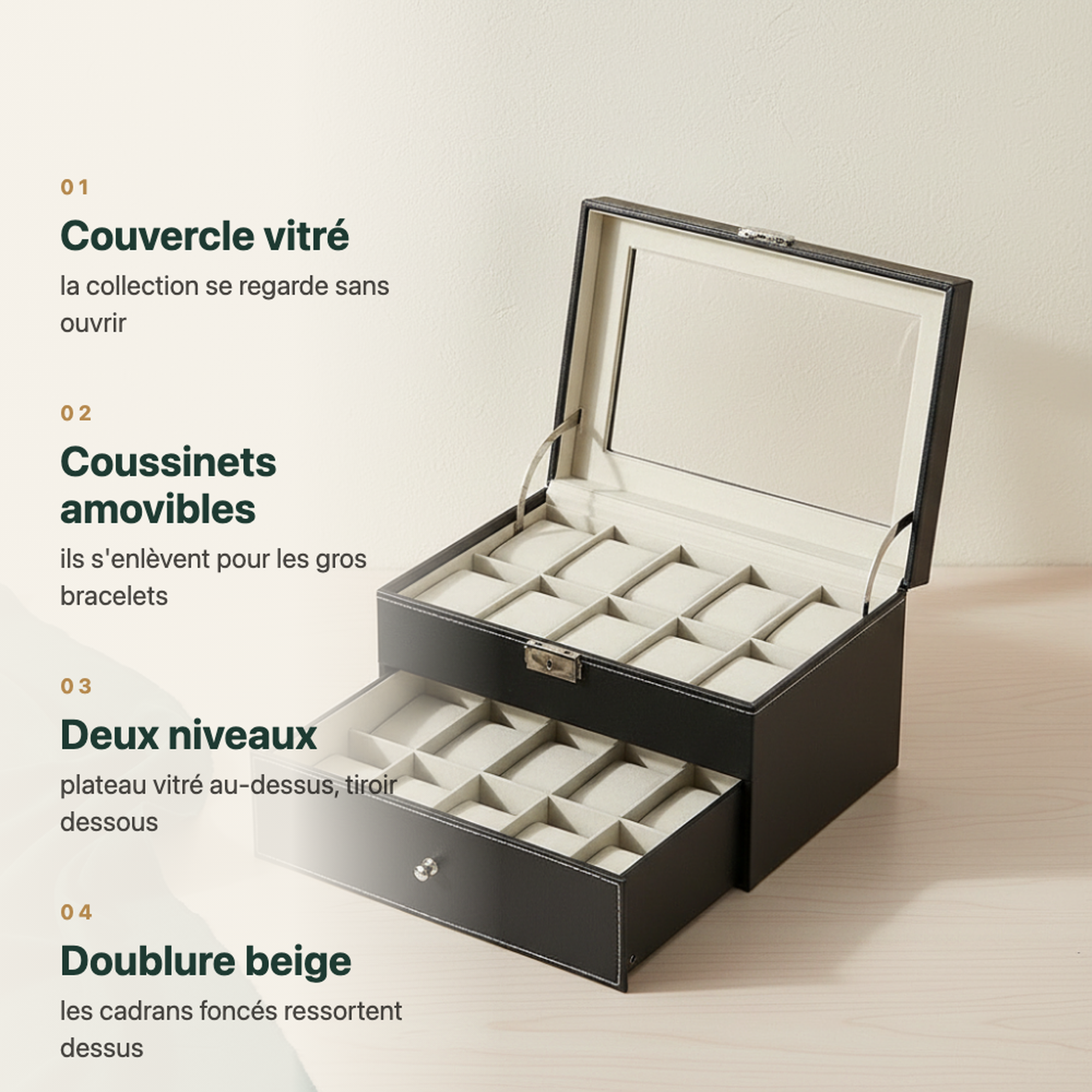 Boîte à montre homme 12 ou 20 emplacements, vue complémentaire