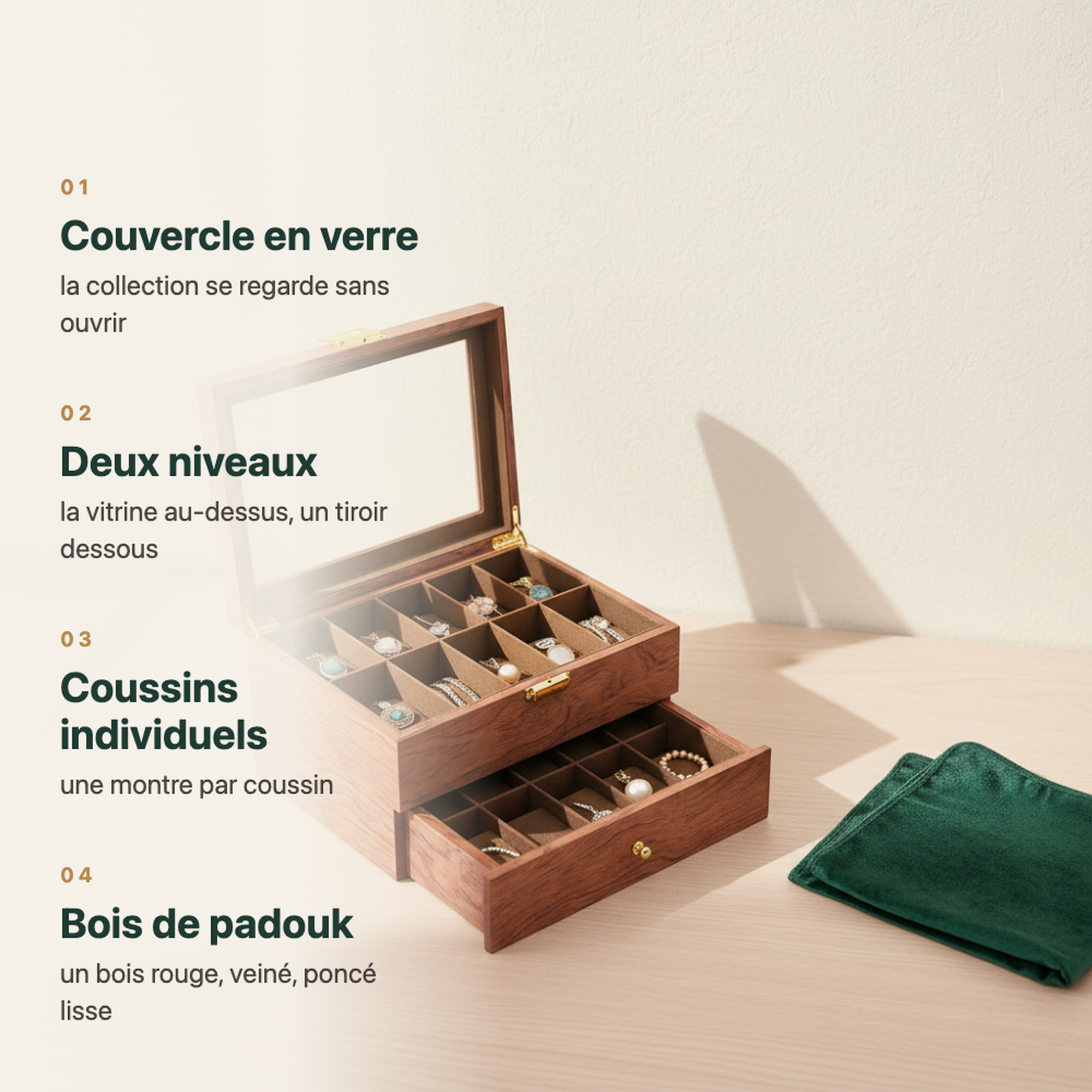 Boîte à montre en bois de padouk, vitrée avec tiroir, vue complémentaire