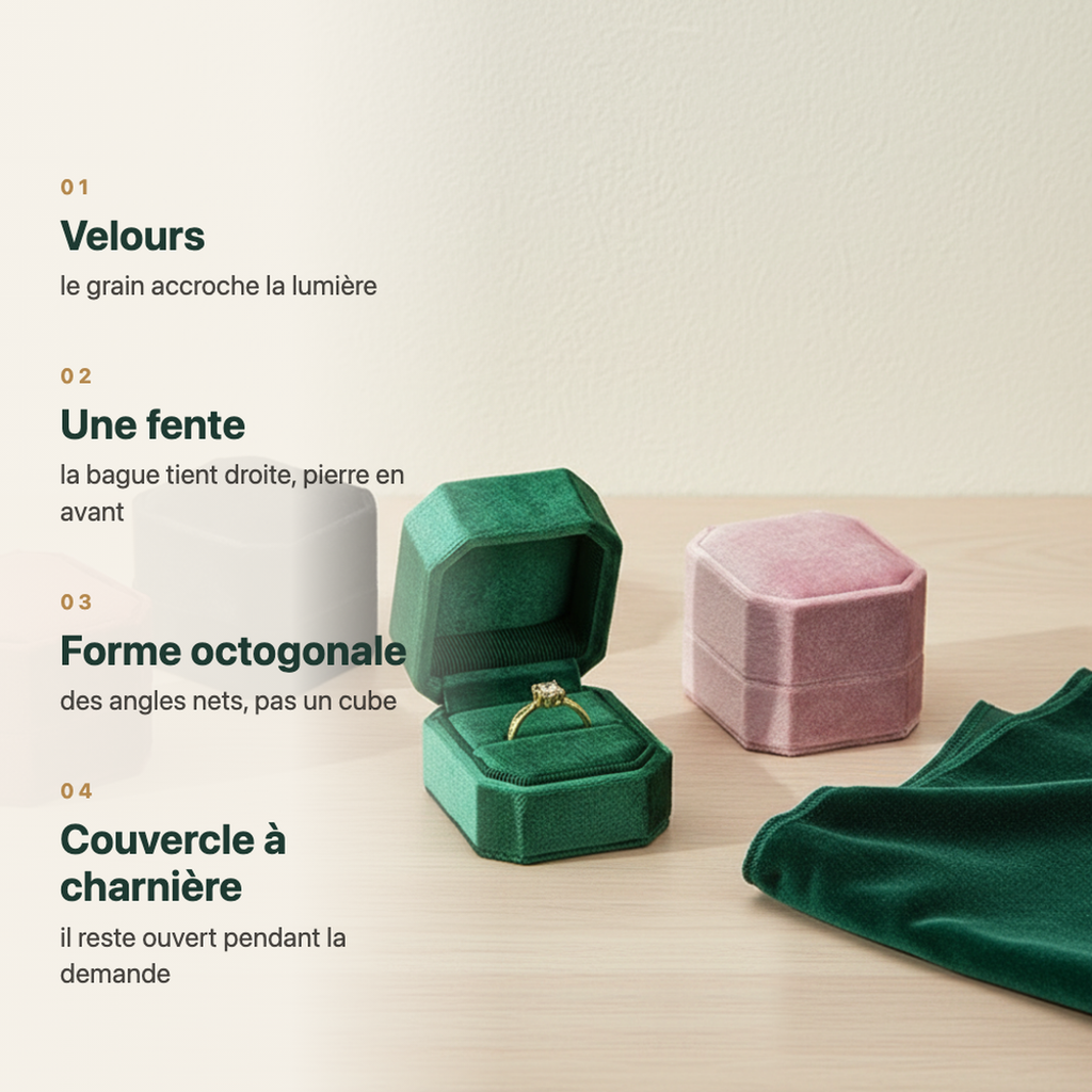 Écrin à bague en velours, couvercle relevé maintenu ouvert