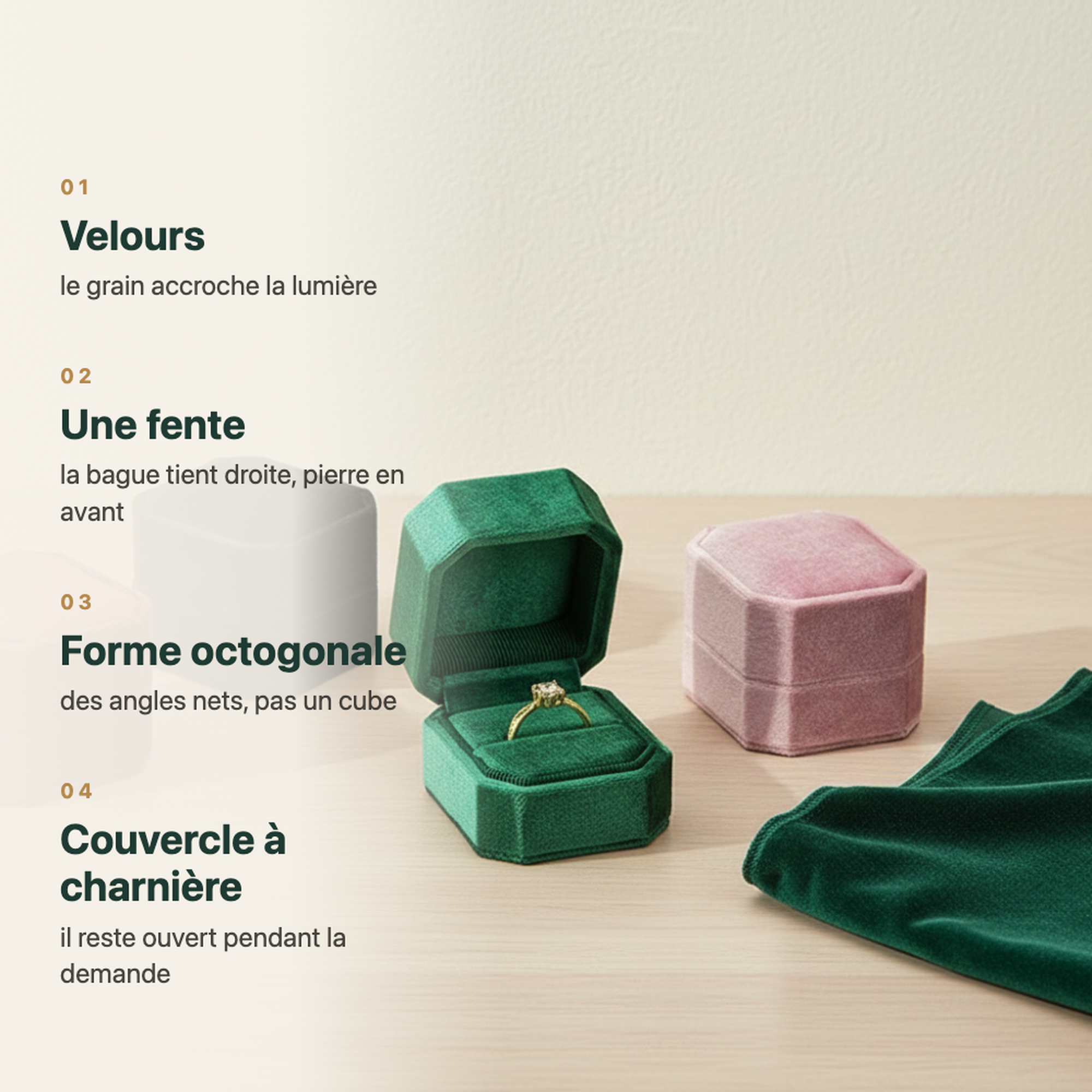 Écrin à bague en velours, couvercle relevé maintenu ouvert