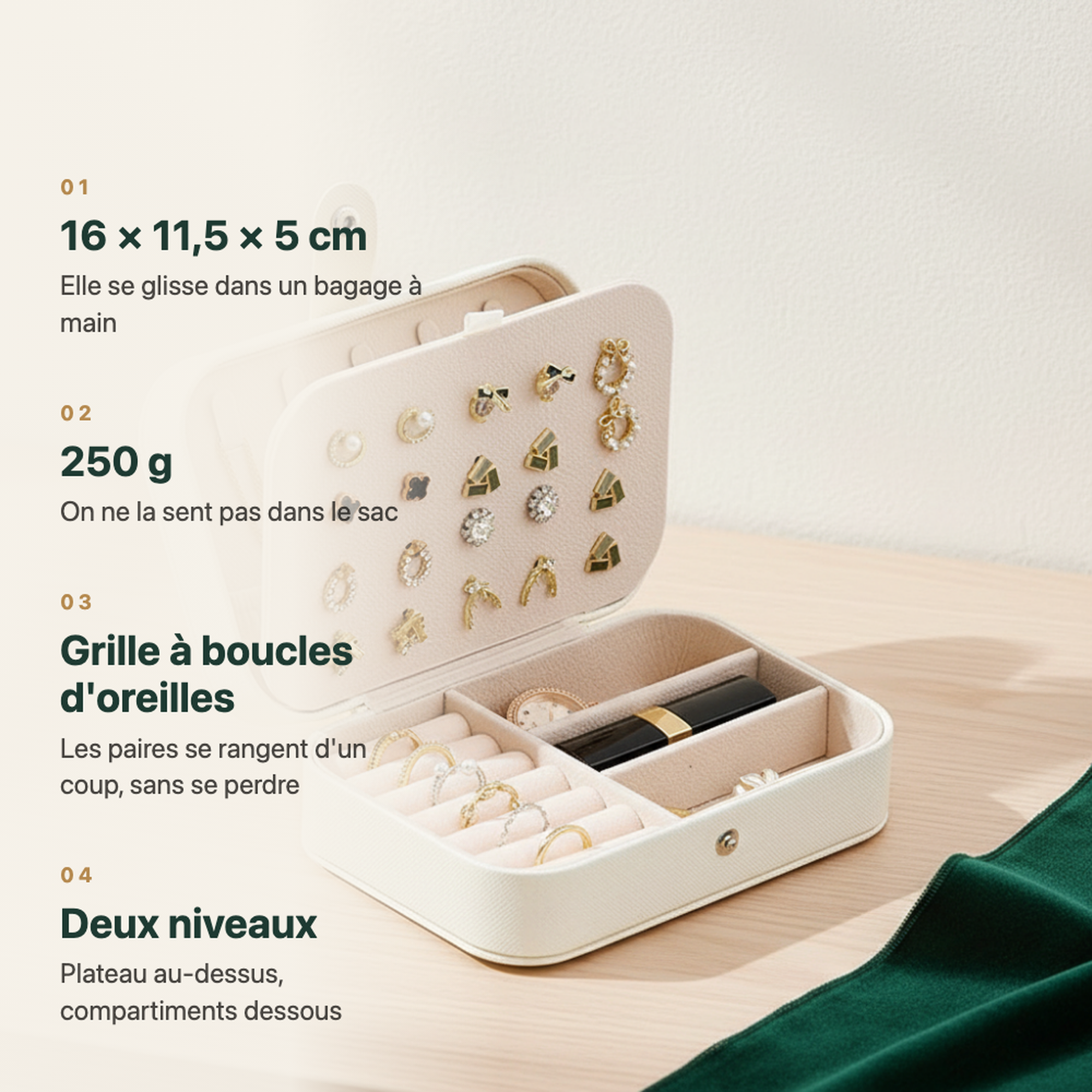 Boîte à bijoux de voyage blanche
