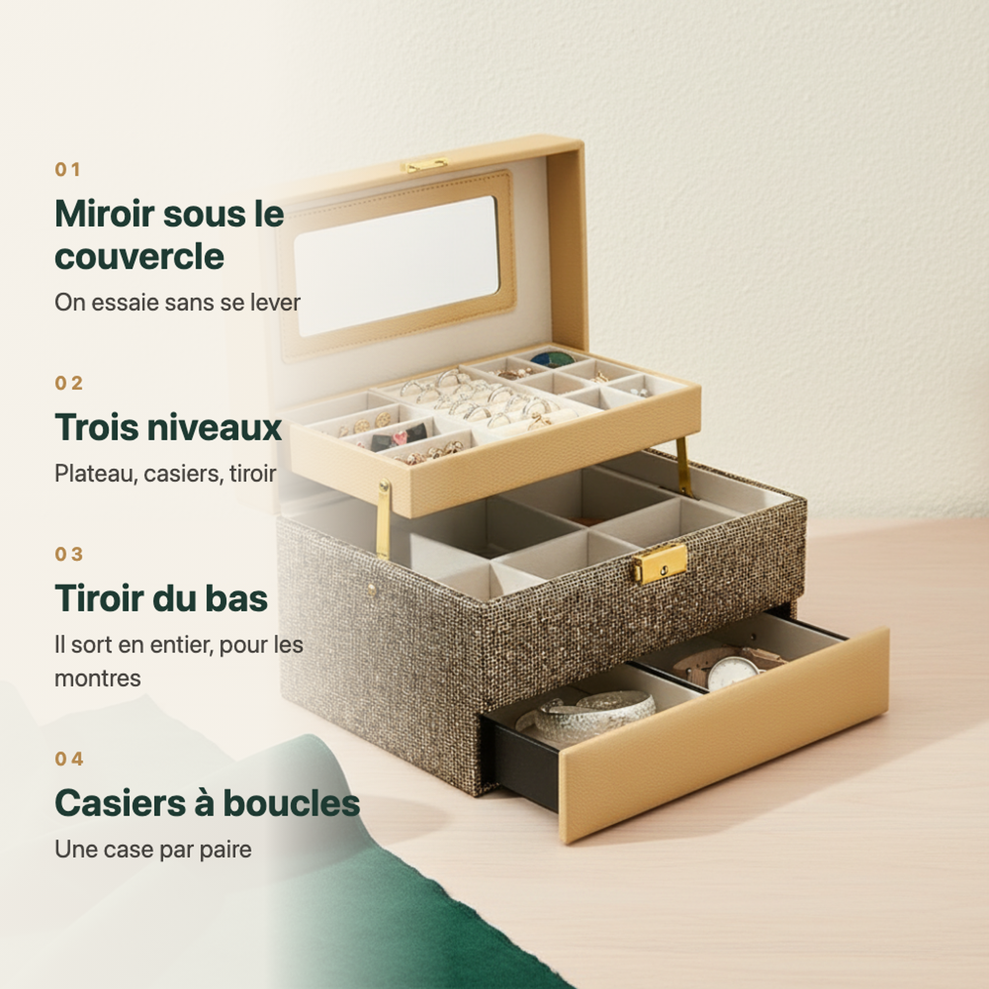 Boîte à bijoux pailletée dorée
