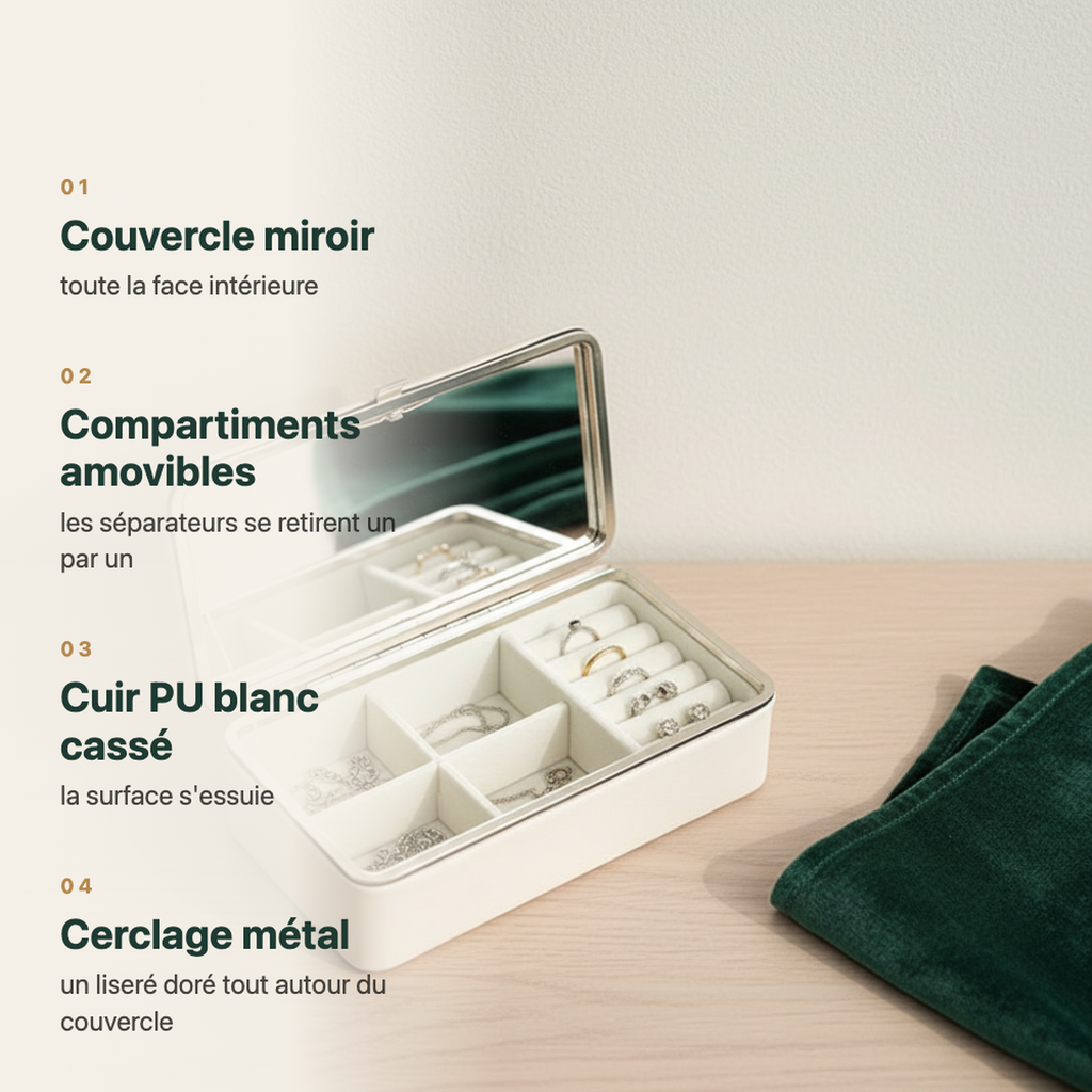 Boîte à bijoux portable à miroir et séparateurs amovibles, vue complémentaire