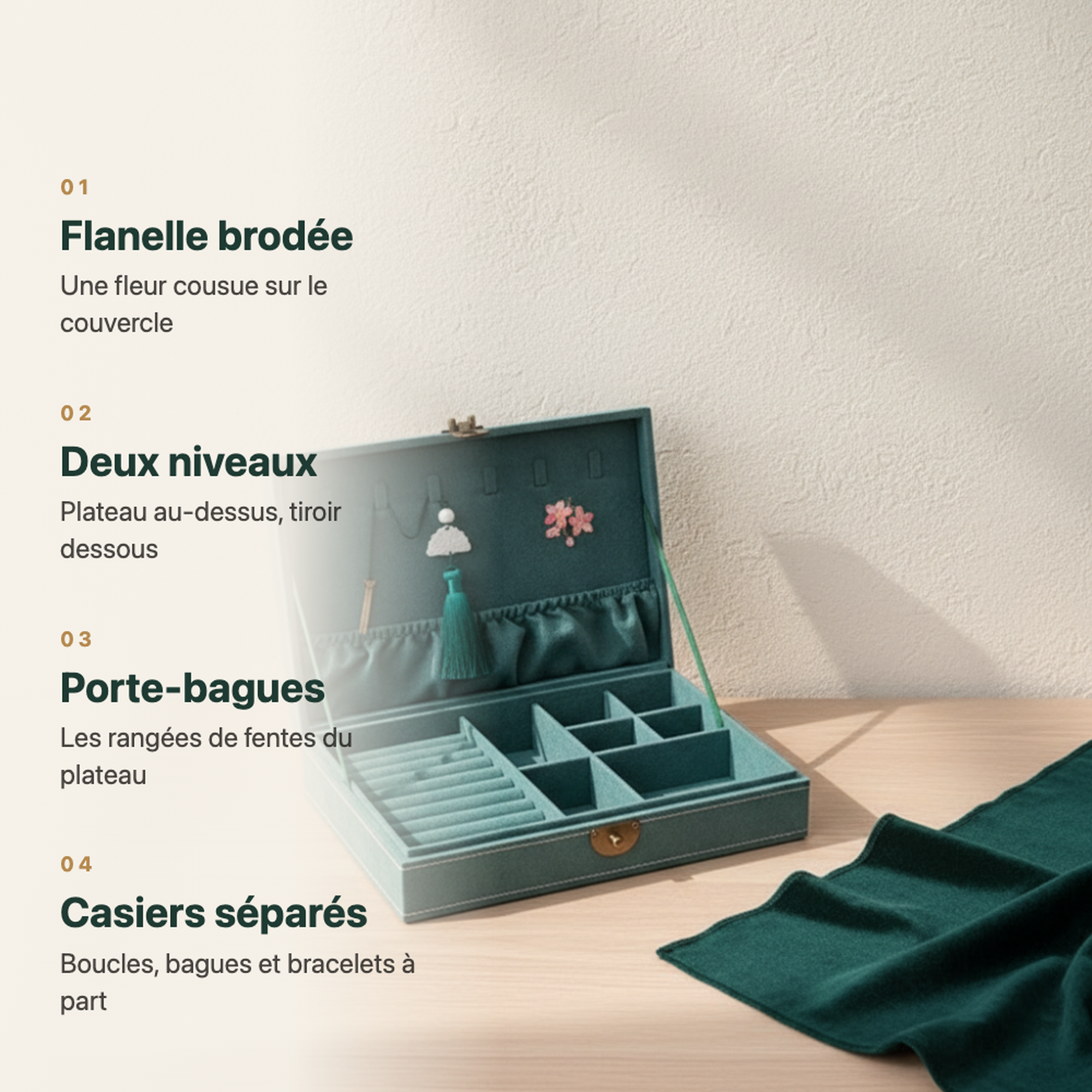 Boîte à bijoux en flanelle bleue, fleur brodée