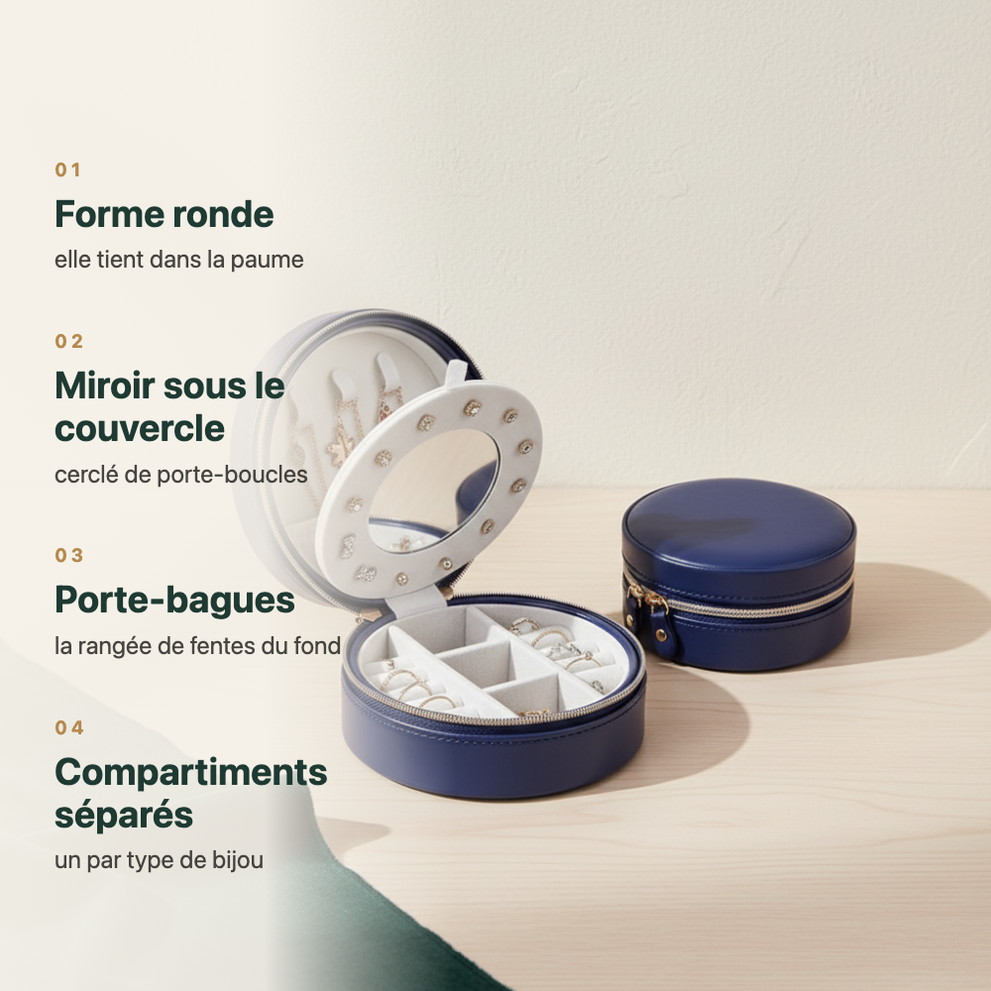 Écrin rond zippé bleu