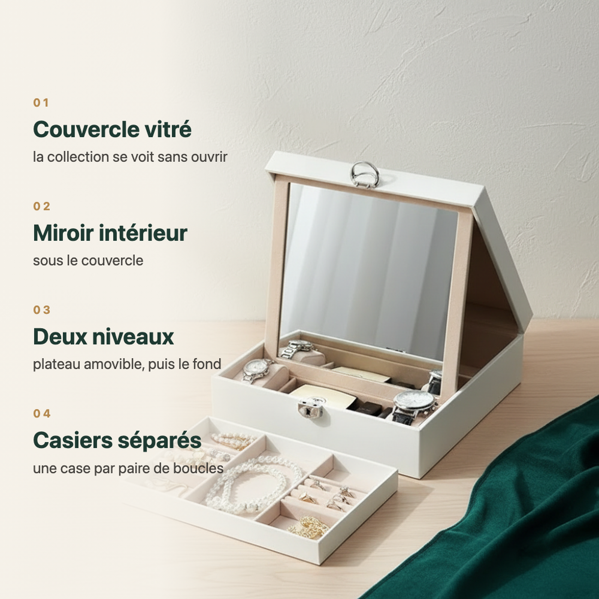 Coffret à bijoux grande capacité avec miroir, vue complémentaire
