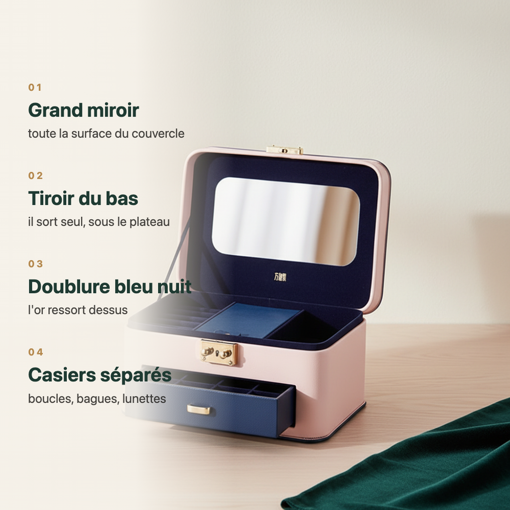 Boîte à bijoux à grand miroir et tiroir, vue complémentaire