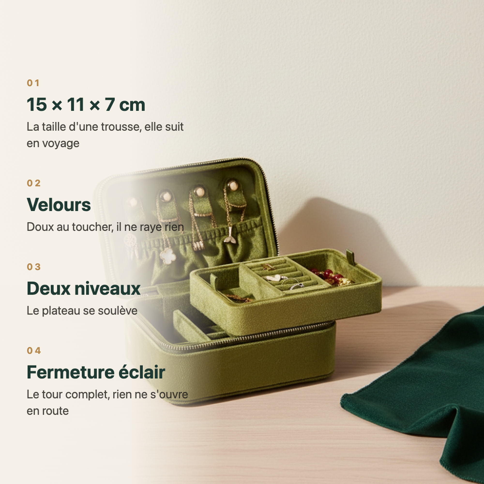 Boîte à bijoux en velours beige