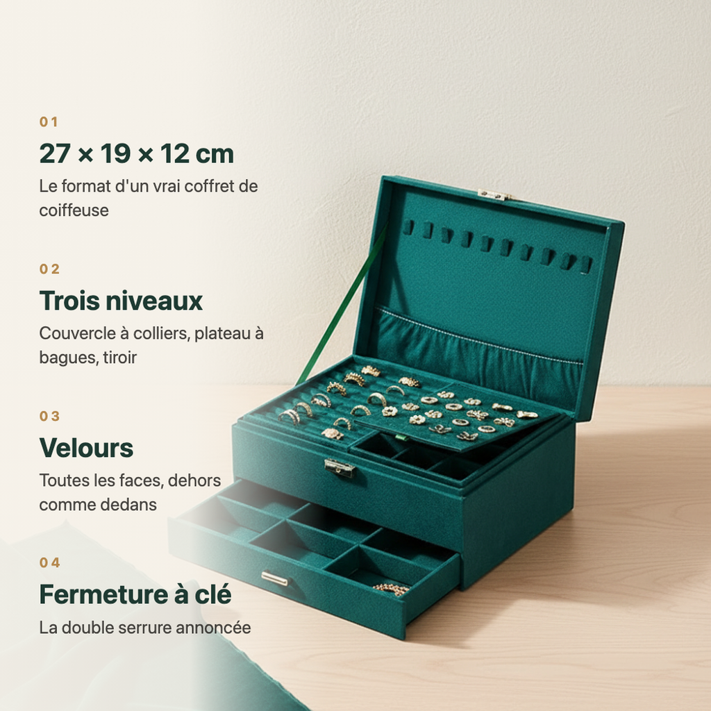 Boîte à bijoux en velours vert fermée, serrure visible