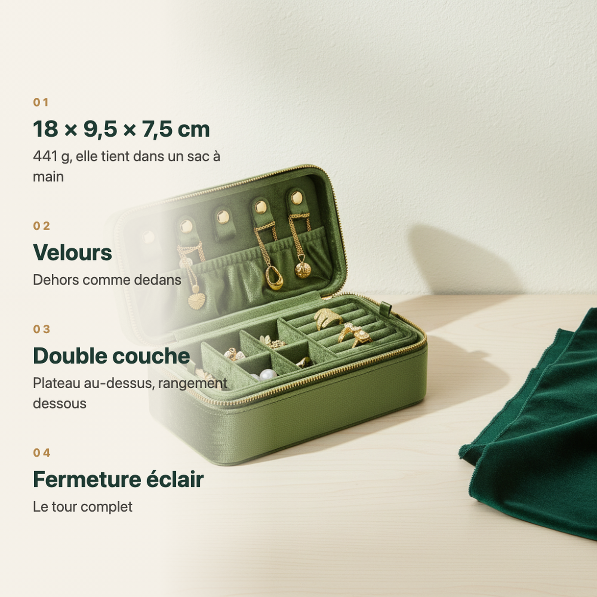 Boîte à bijoux en velours verte