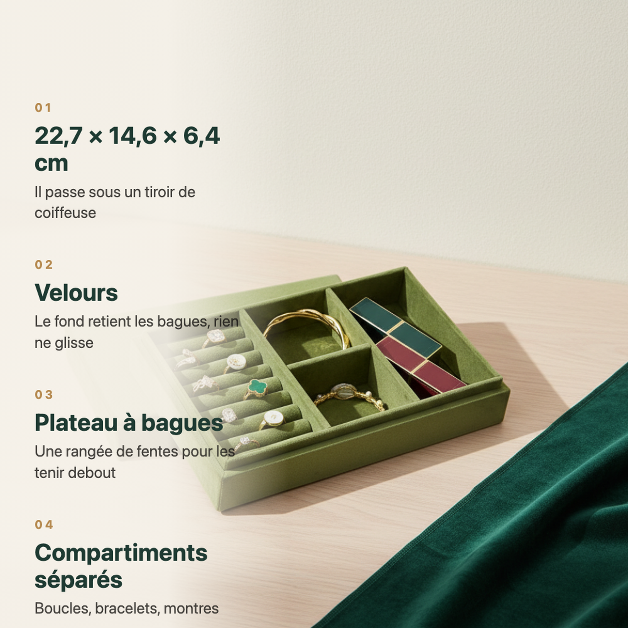 Boîte à bijoux en velours, couvercle retiré