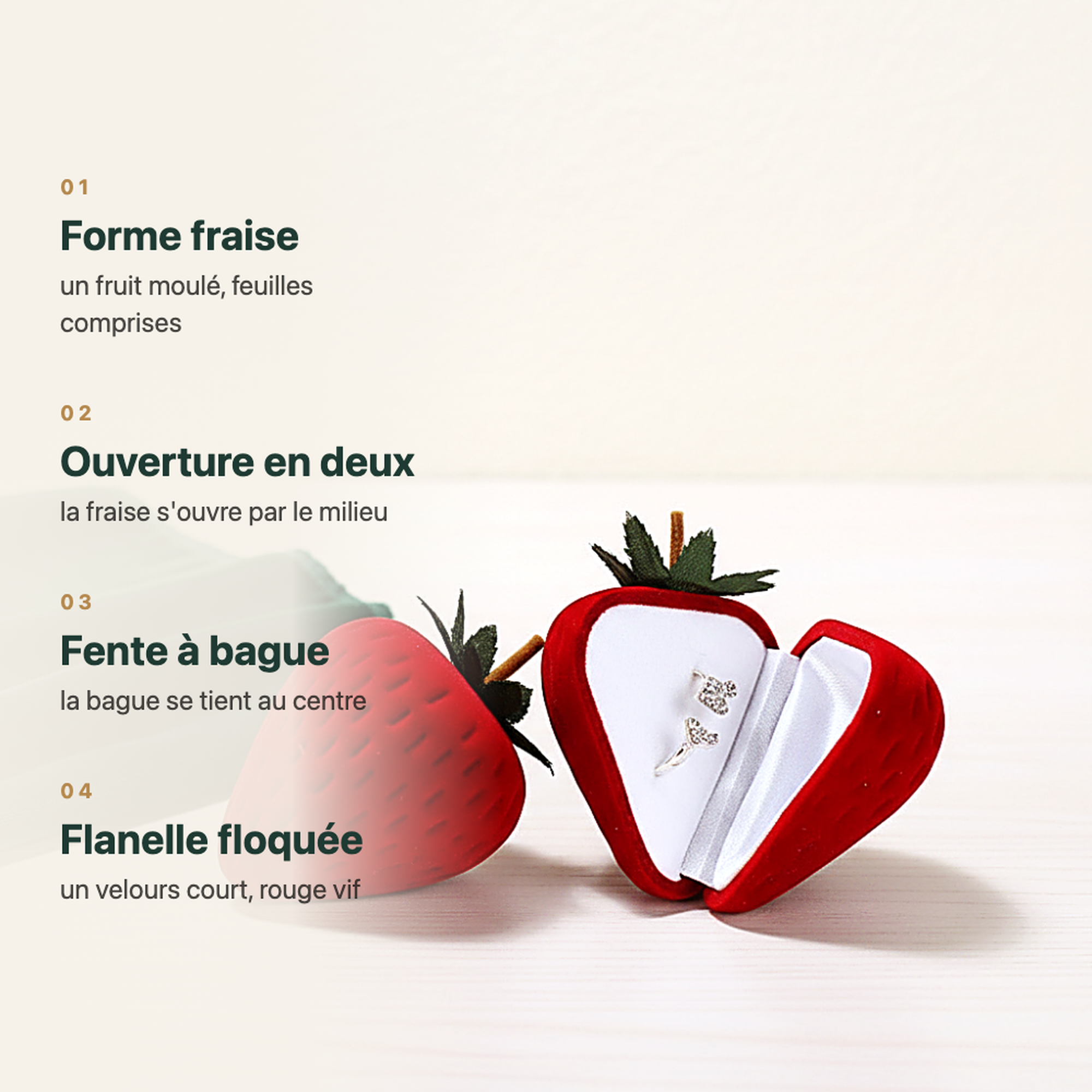 Écrin à bague original en forme de fraise, vue complémentaire
