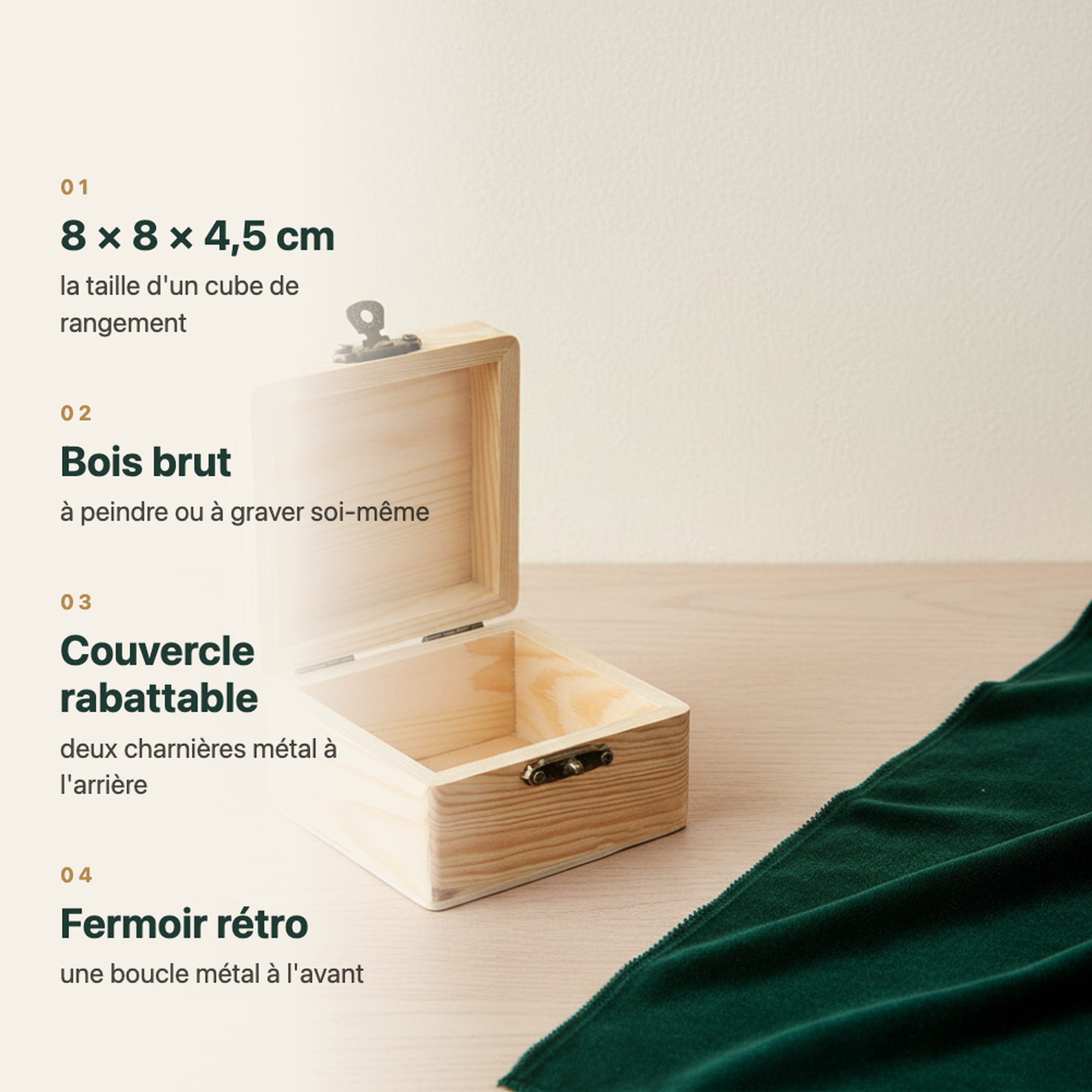 Boîte en bois brut vintage à personnaliser, vue complémentaire