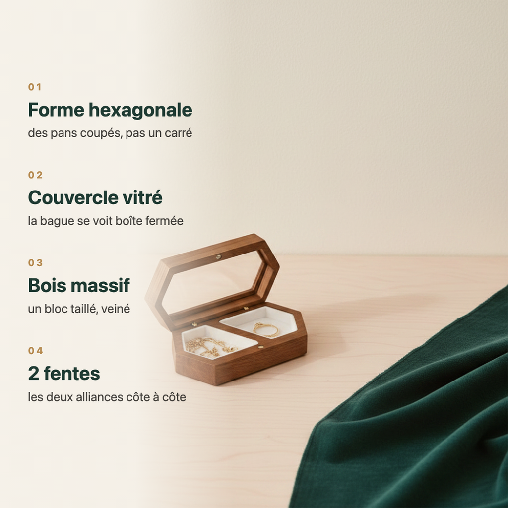 Écrin en bois hexagonal, finition brune