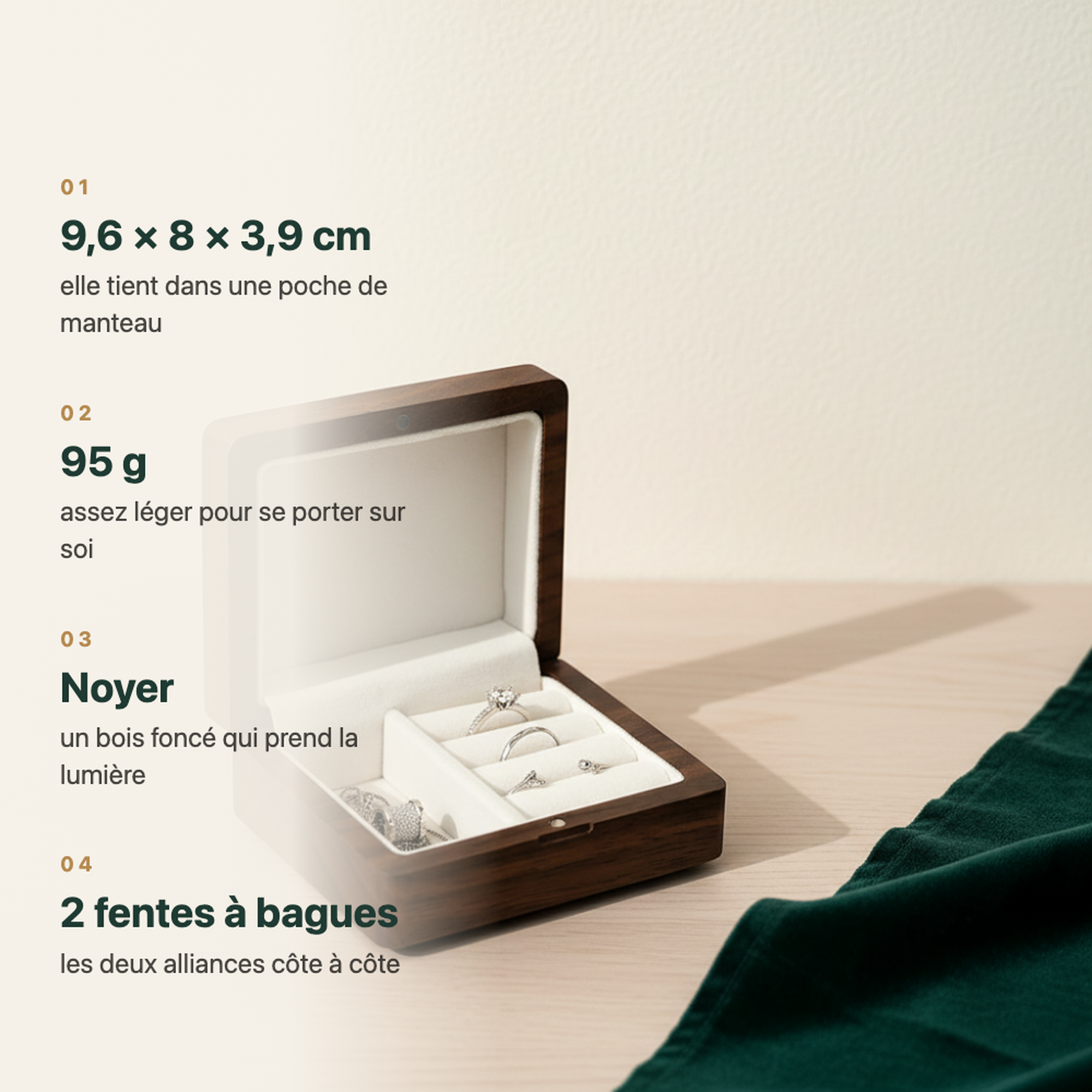 Boîte en bois, doublure blanche