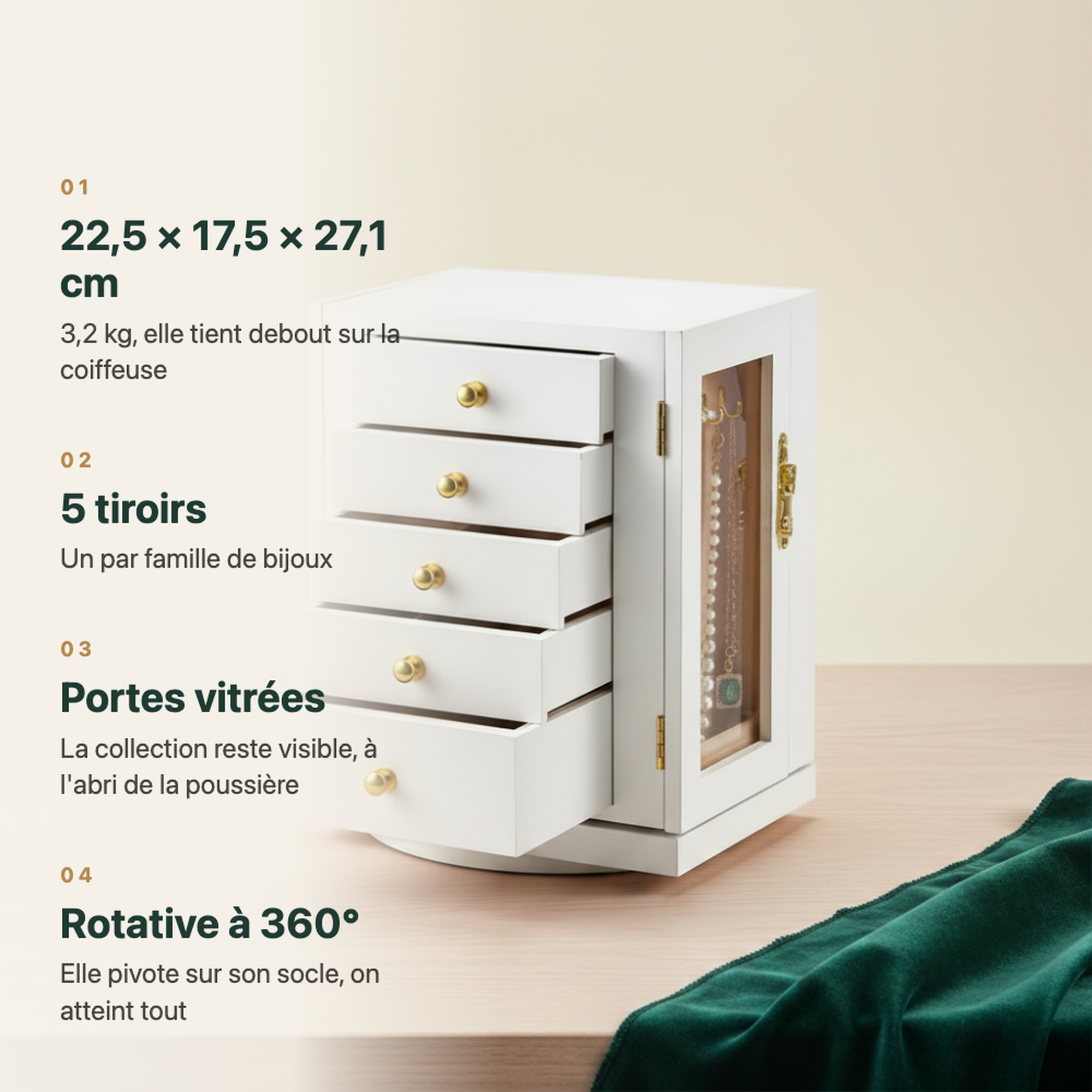 Tiroirs de la boîte à bijoux rotative