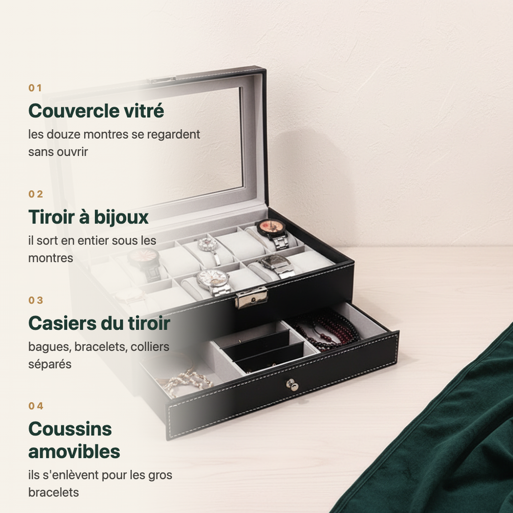 Boîte à montres douze emplacements avec tiroir à bijoux, vue complémentaire