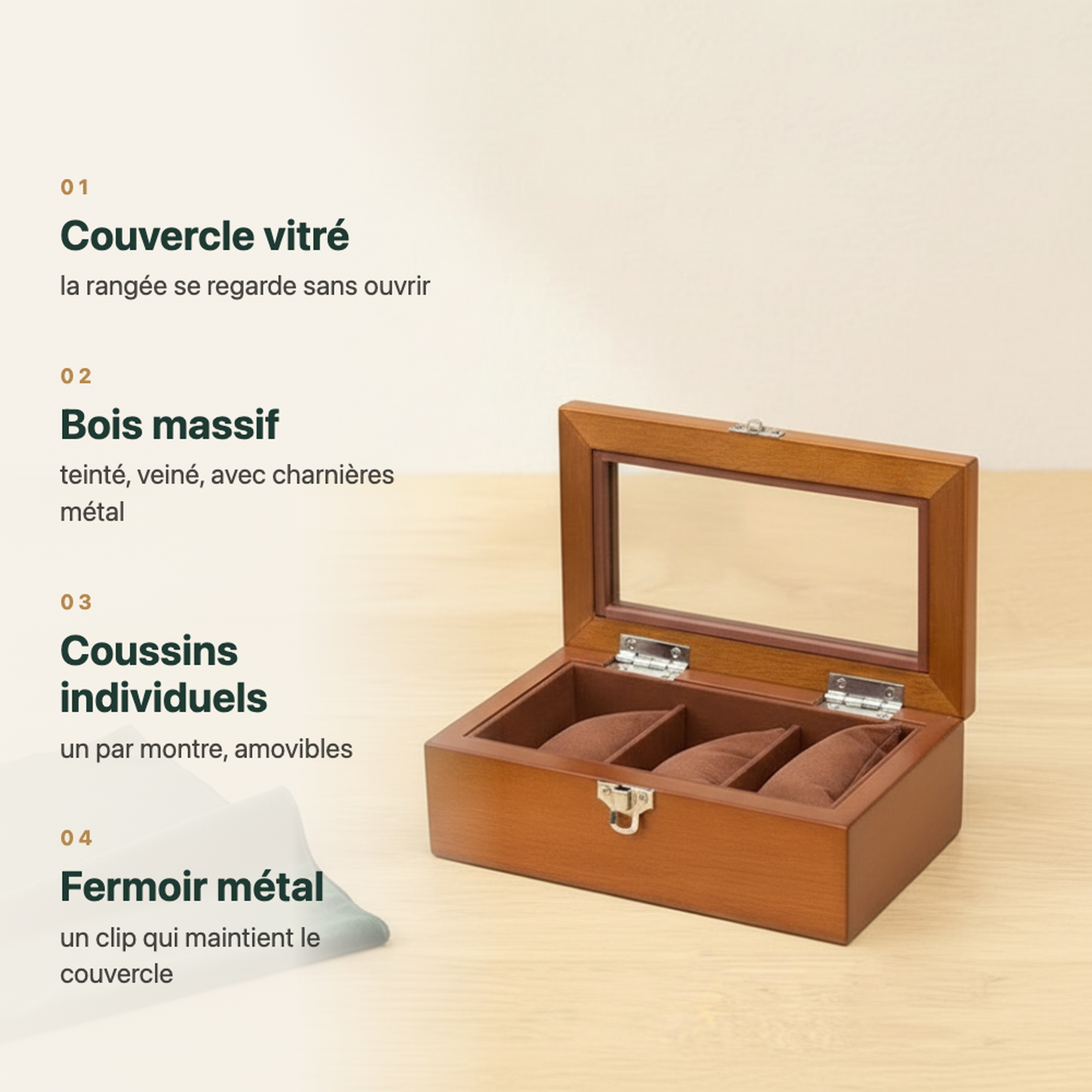 Présentoir à montres en bois vitré, vue complémentaire