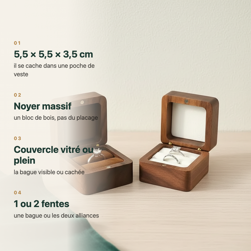Coffret à bagues en noyer, doublure blanche