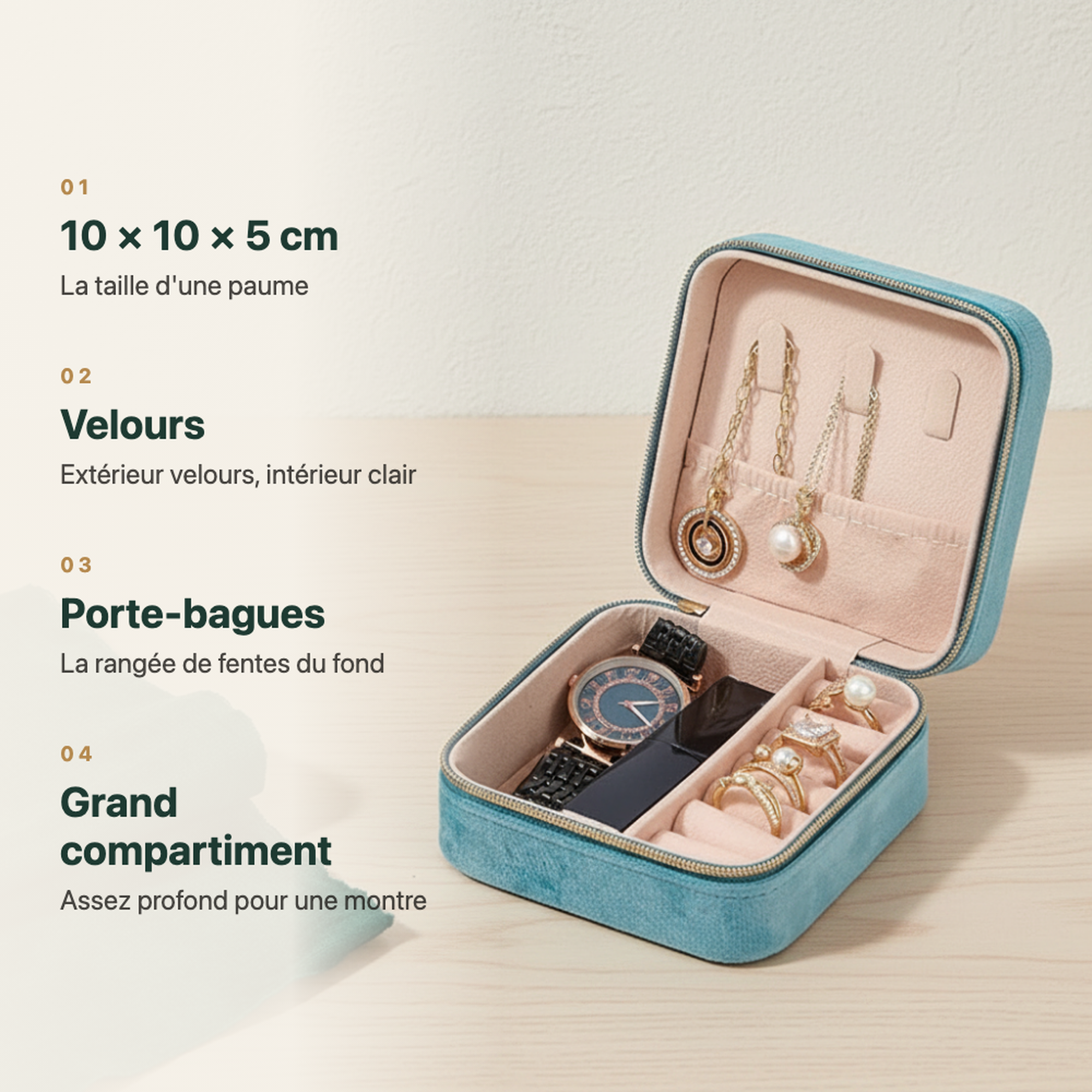 Boîte à bijoux de voyage velours bleu ciel