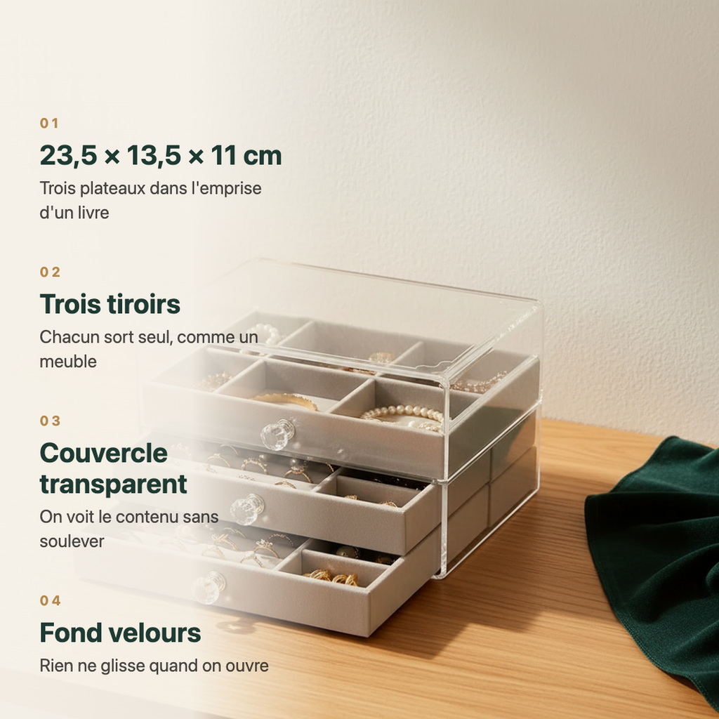 Plateau coulissant sorti de la boîte de rangement à bijoux