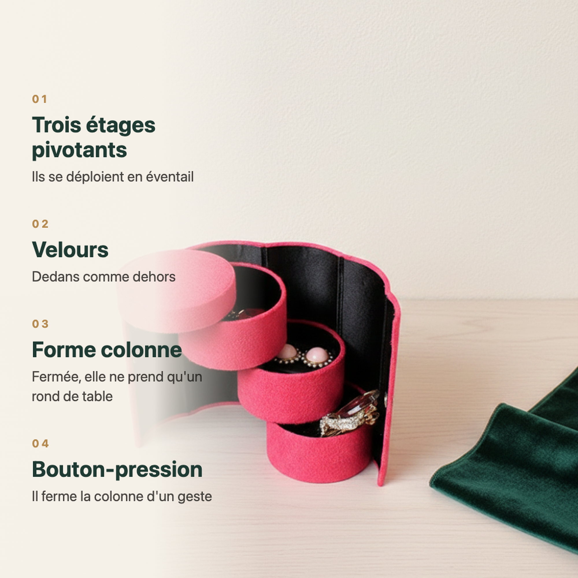 Boîte à bijoux rotative rose vif