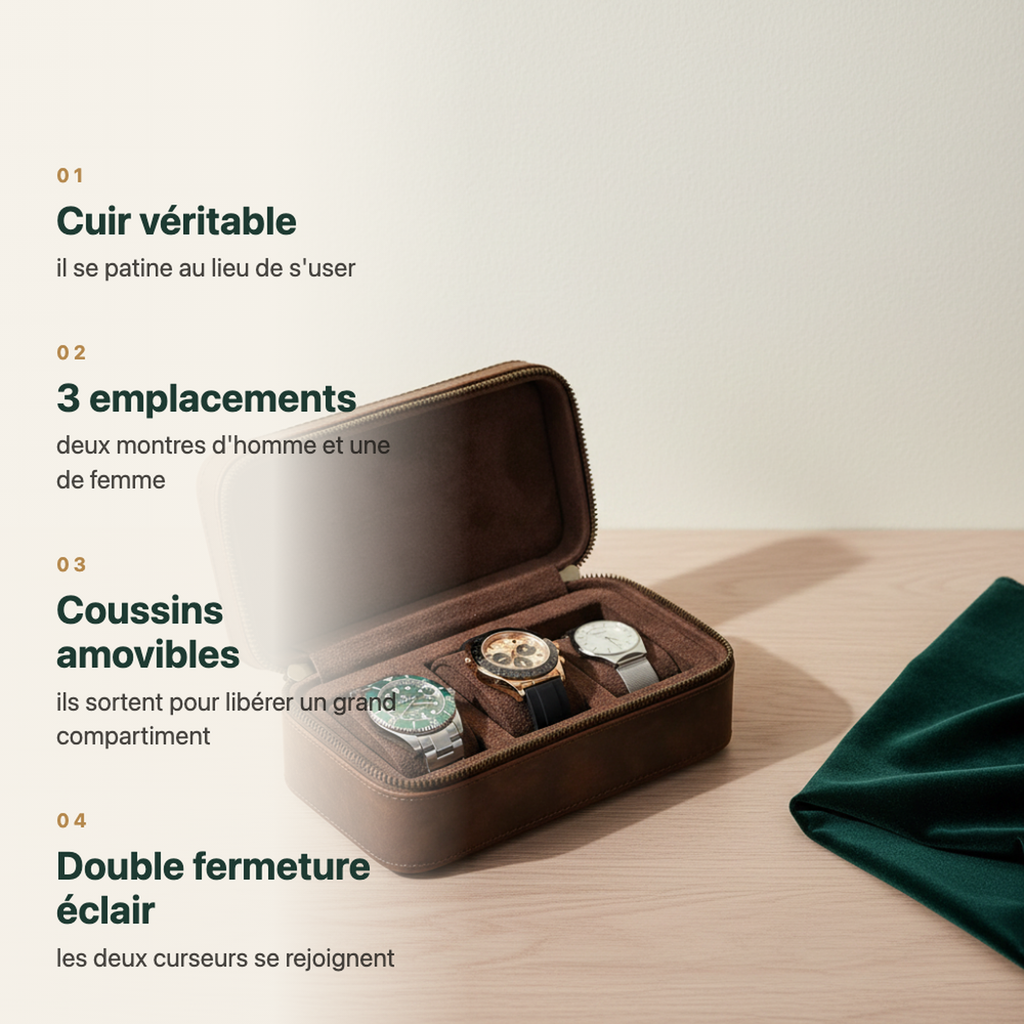 Boîte à montre en cuir véritable, trois emplacements, vue complémentaire