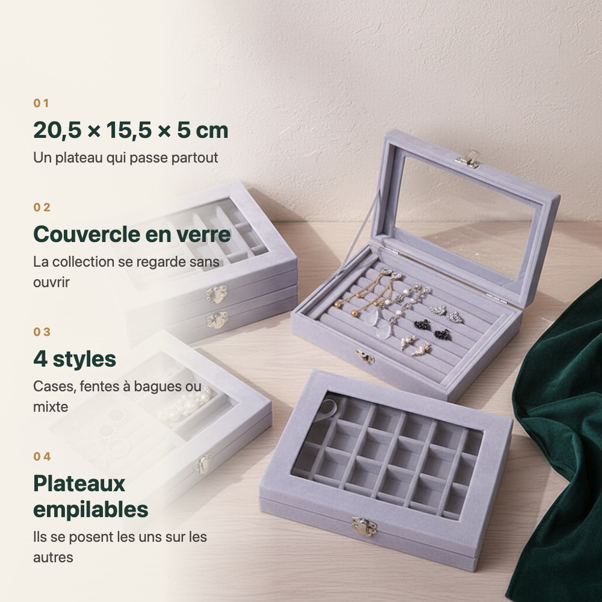 Plateau à bijoux vitré empilable, vue complémentaire