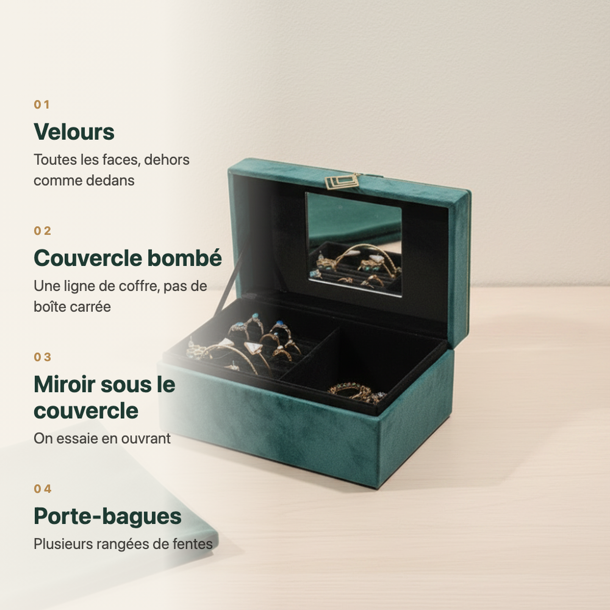 Grande boîte à bijoux en velours à couvercle bombé, vue complémentaire