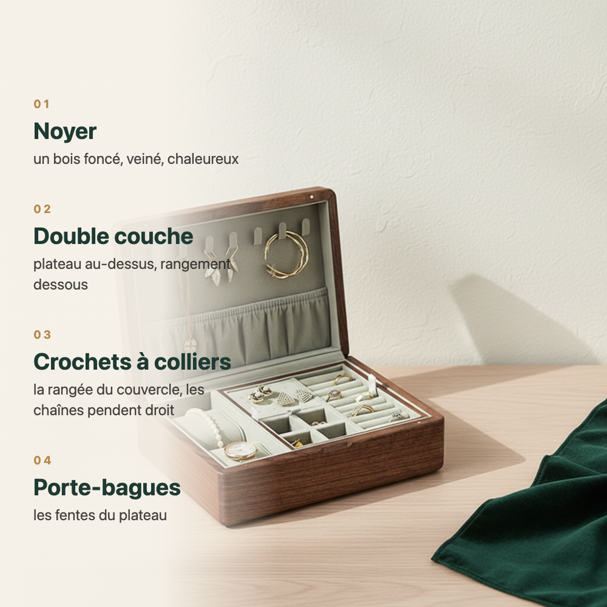 Boîte à bijoux en noyer à double couche, vue complémentaire
