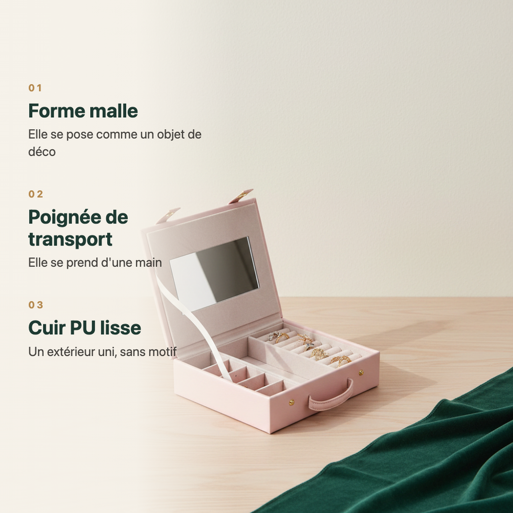 Boîte à bijoux malle beige, poignée et fermoirs
