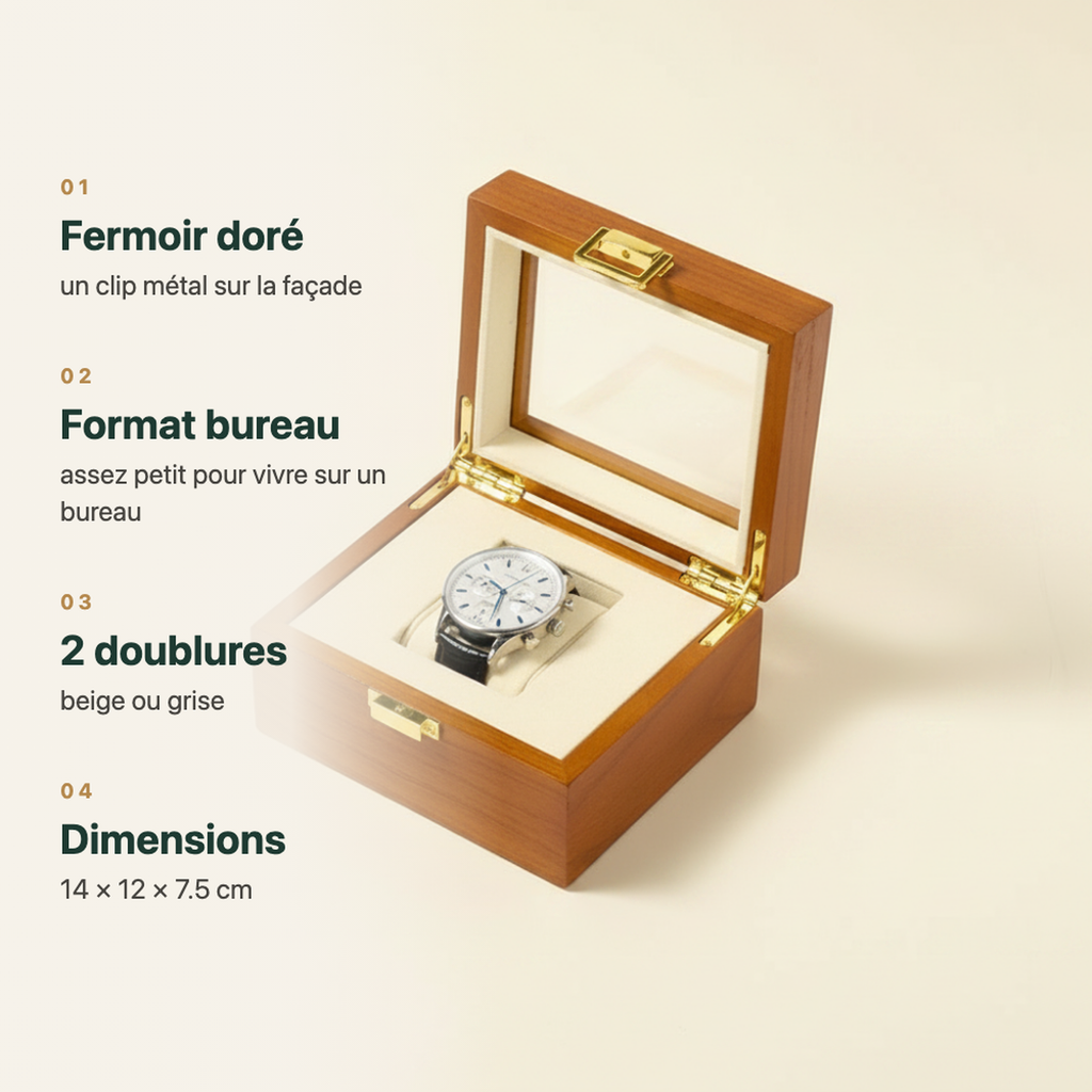 Boîte à montre en bois massif posée sur un bureau