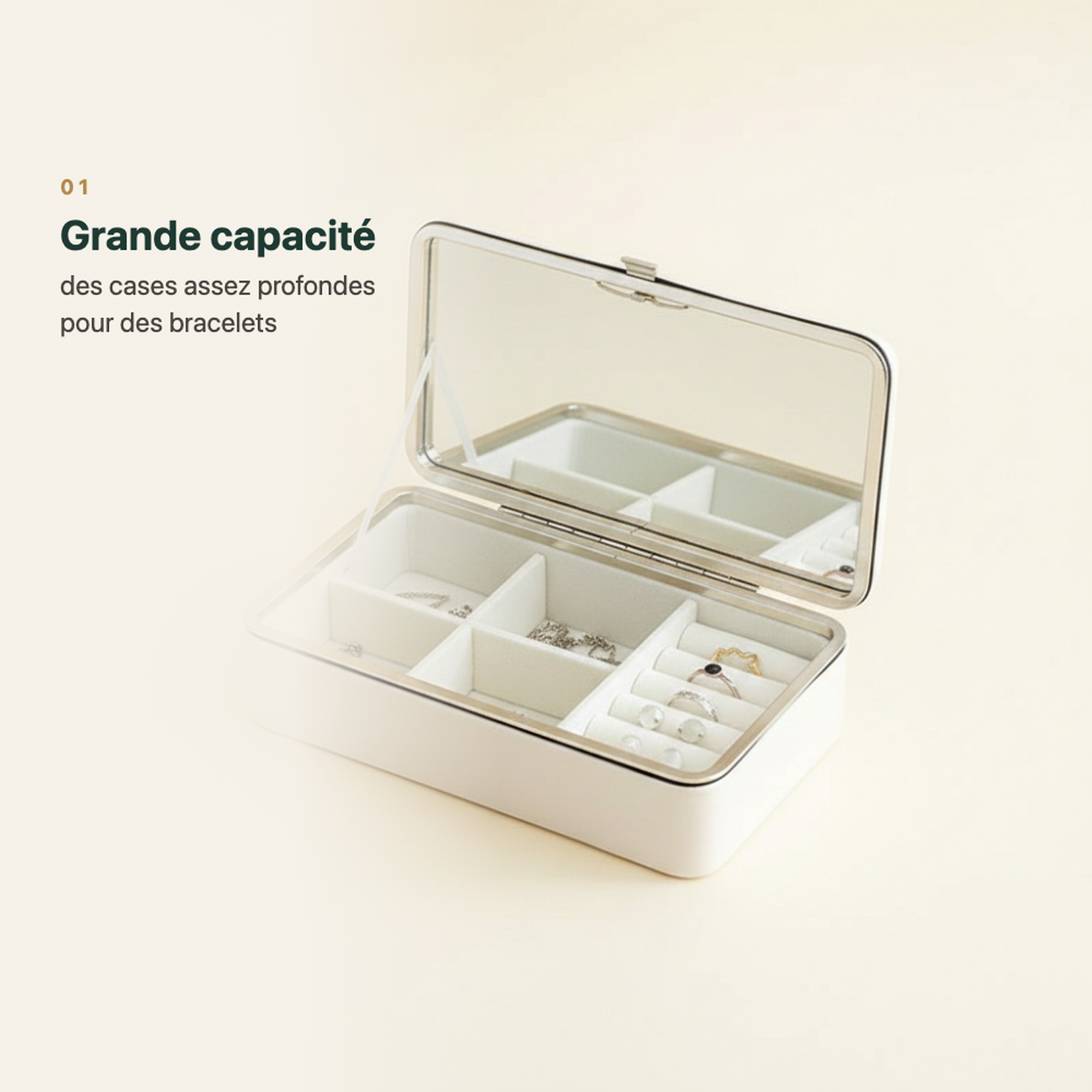Boîte à bijoux portable à miroir et séparateurs amovibles, vue complémentaire