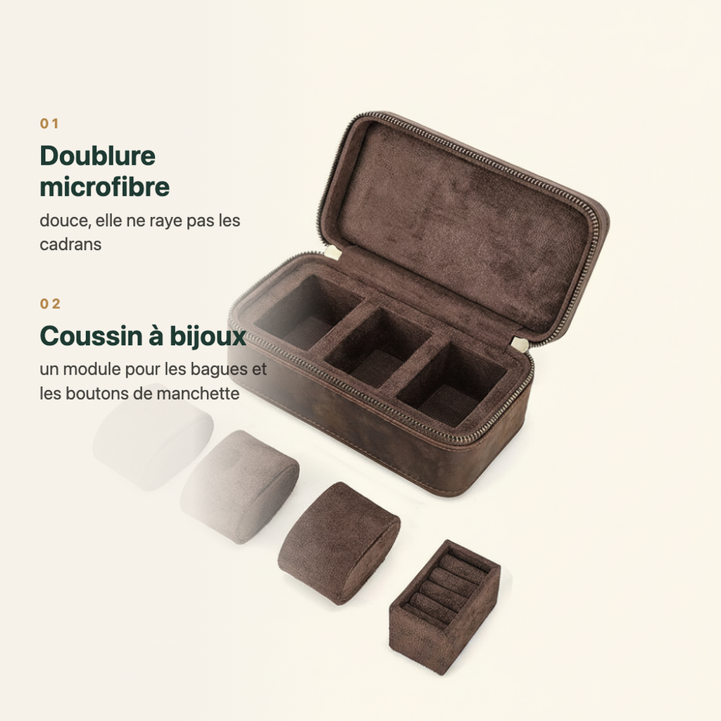 Boîte à montre en cuir véritable, trois emplacements, vue complémentaire