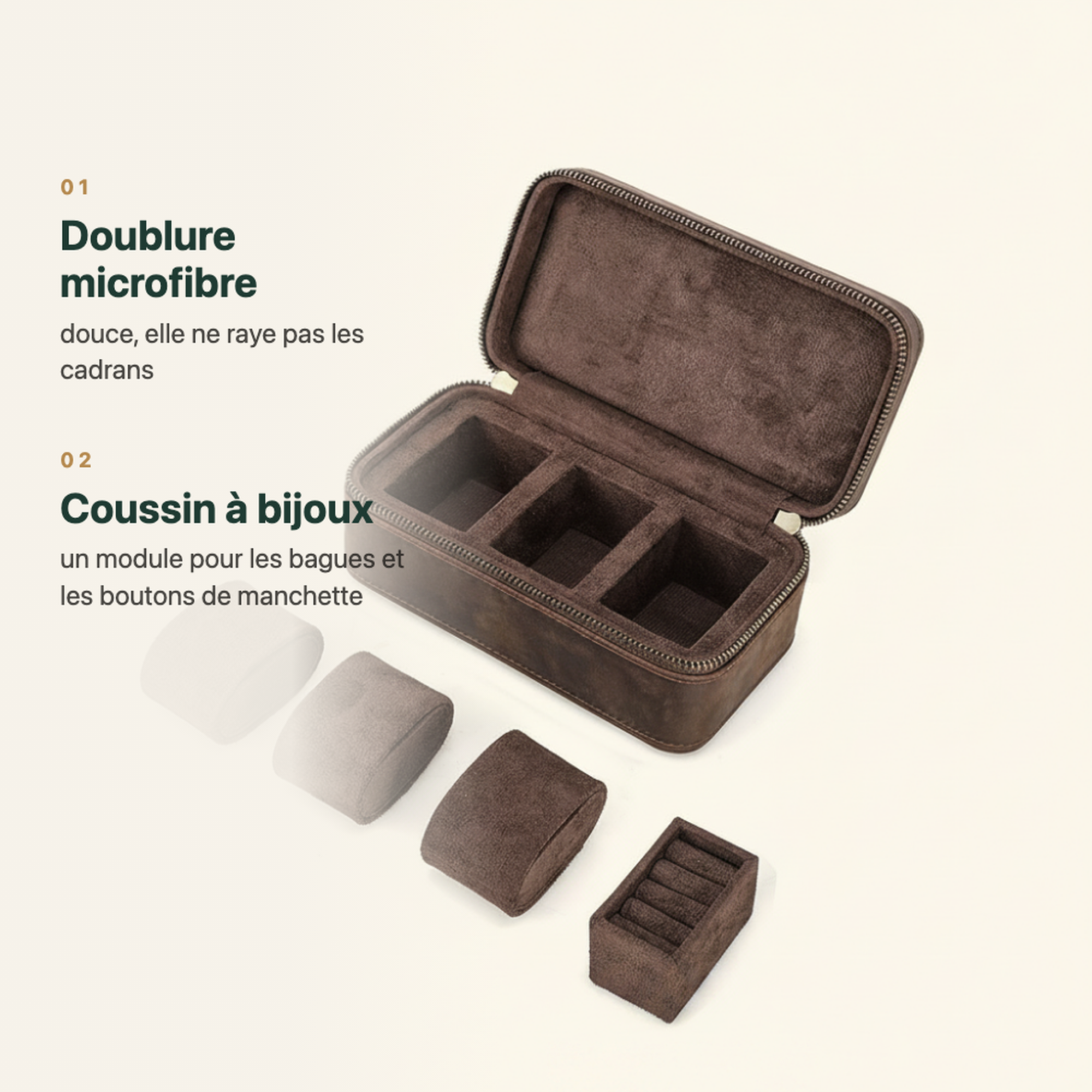 Boîte à montre en cuir véritable, trois emplacements, vue complémentaire