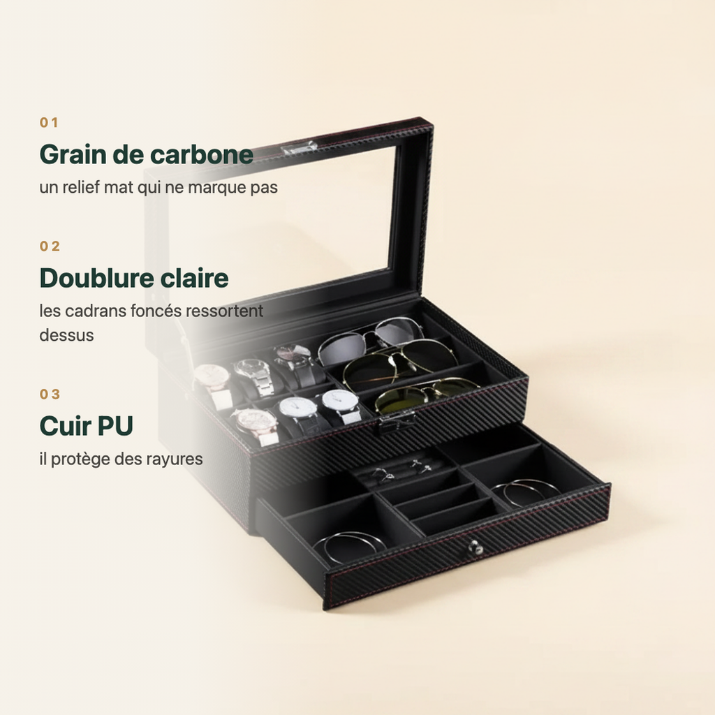 Boîte à montres homme, douze emplacements avec tiroir, vue complémentaire