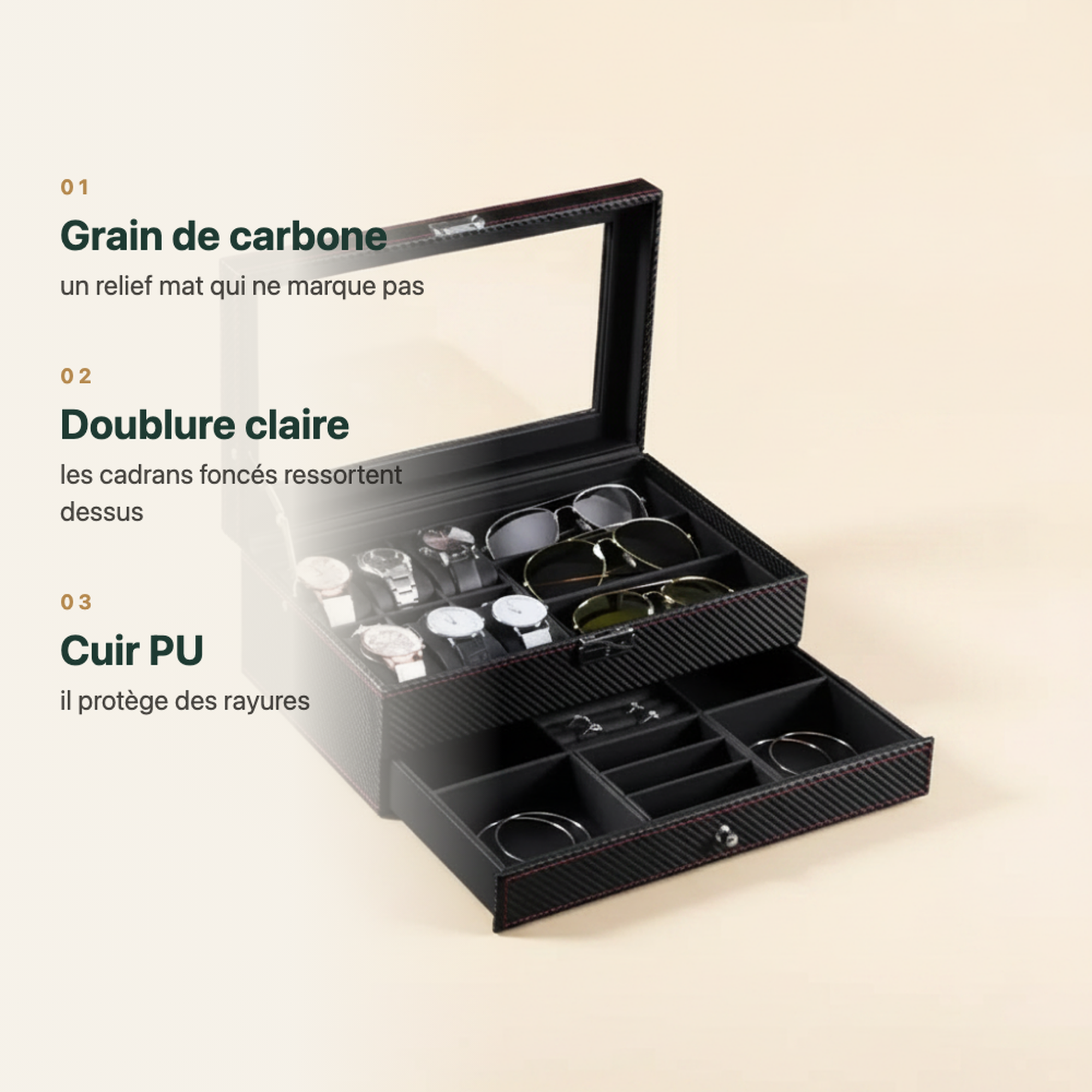 Boîte à montres homme, douze emplacements avec tiroir, vue complémentaire