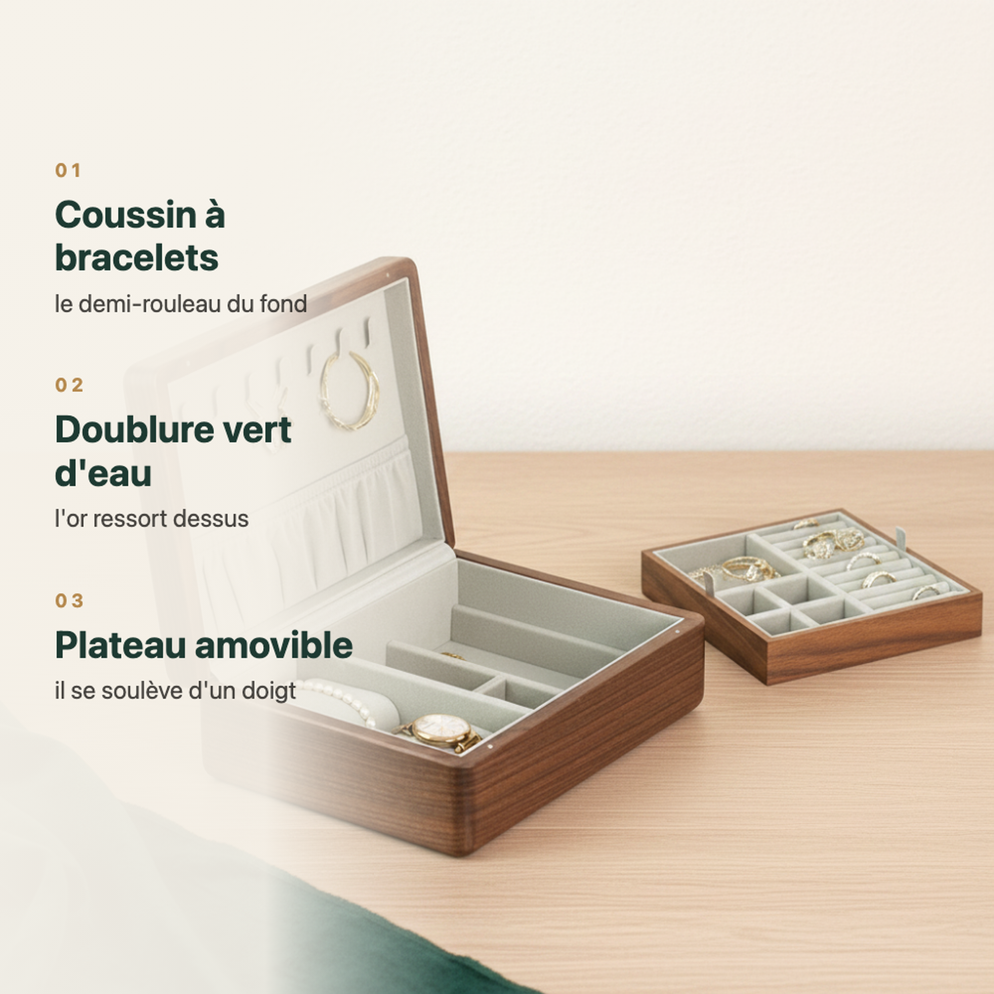 Boîte à bijoux en noyer à double couche, vue complémentaire