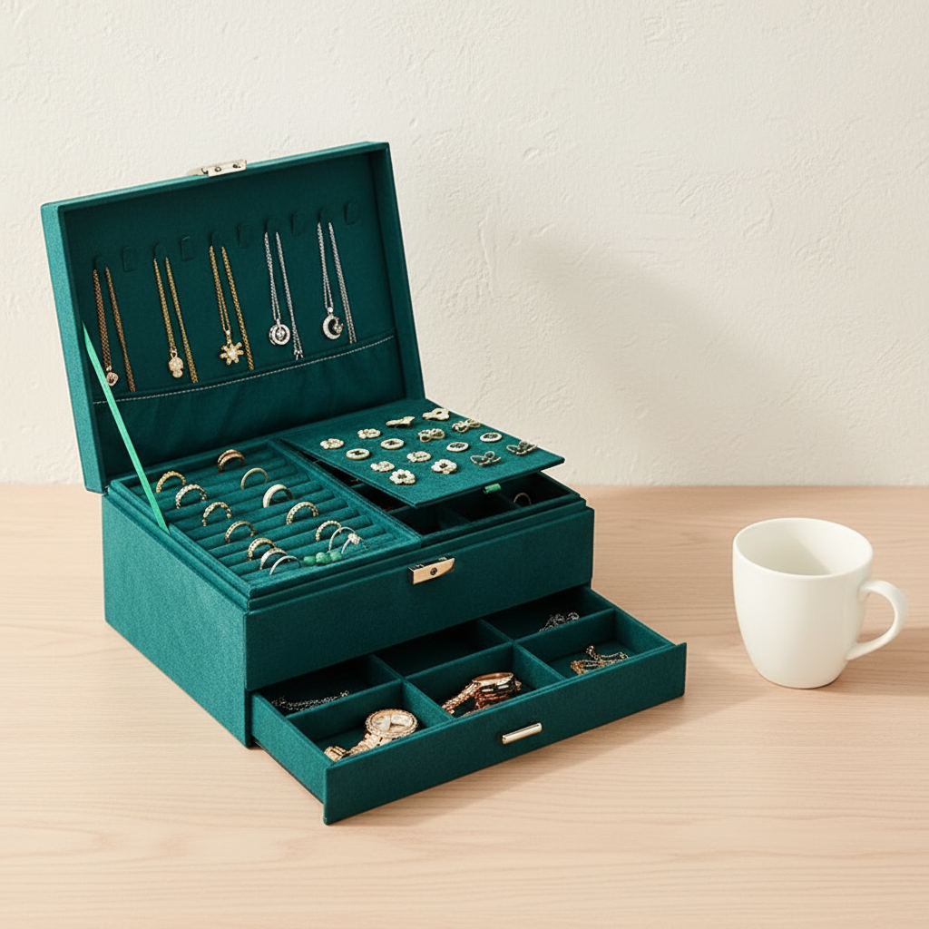 Boîte à bijoux moderne, velours vert et tiroir, vue complémentaire