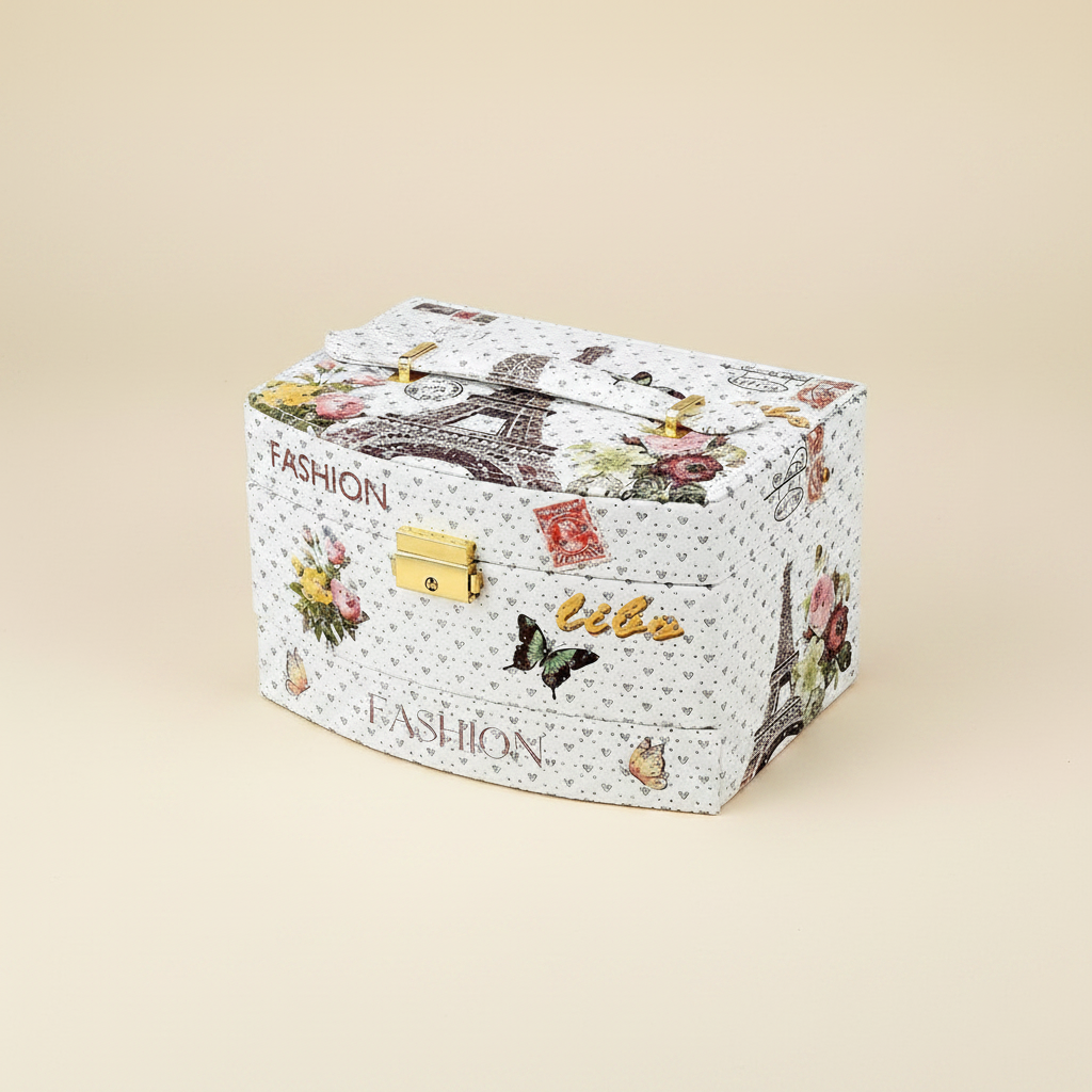 Boîte à bijoux fillette fermée, motif fleuri