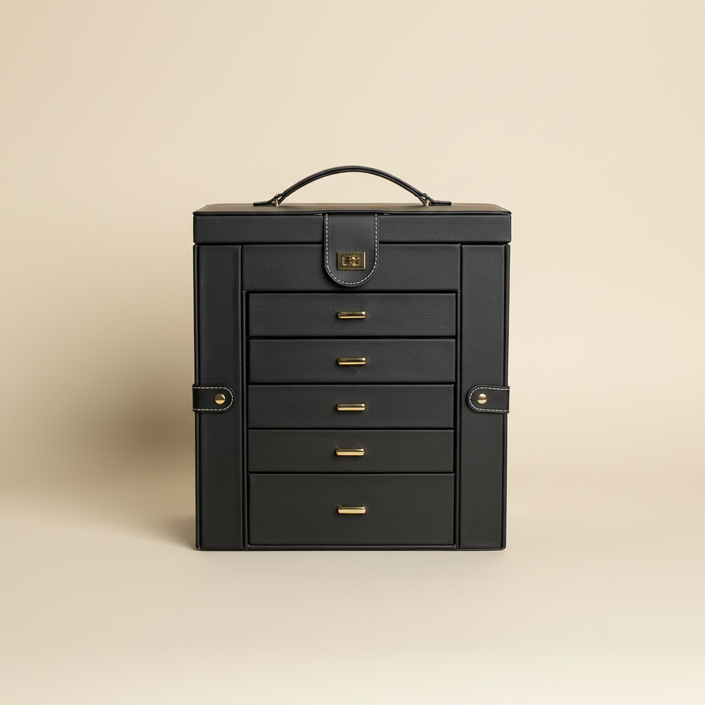 Grande boîte à bijoux en cuir noir fermée