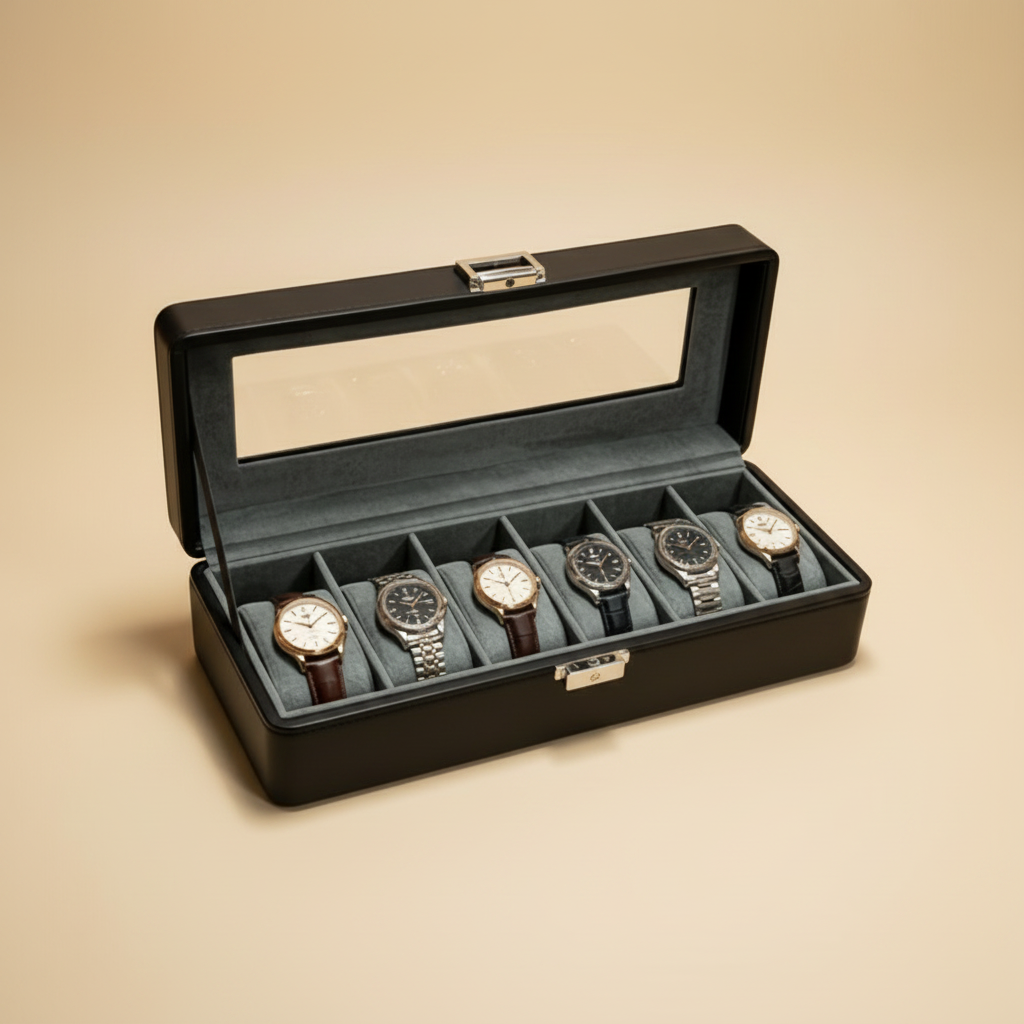 Boîte à montres ouverte, coussins alignés