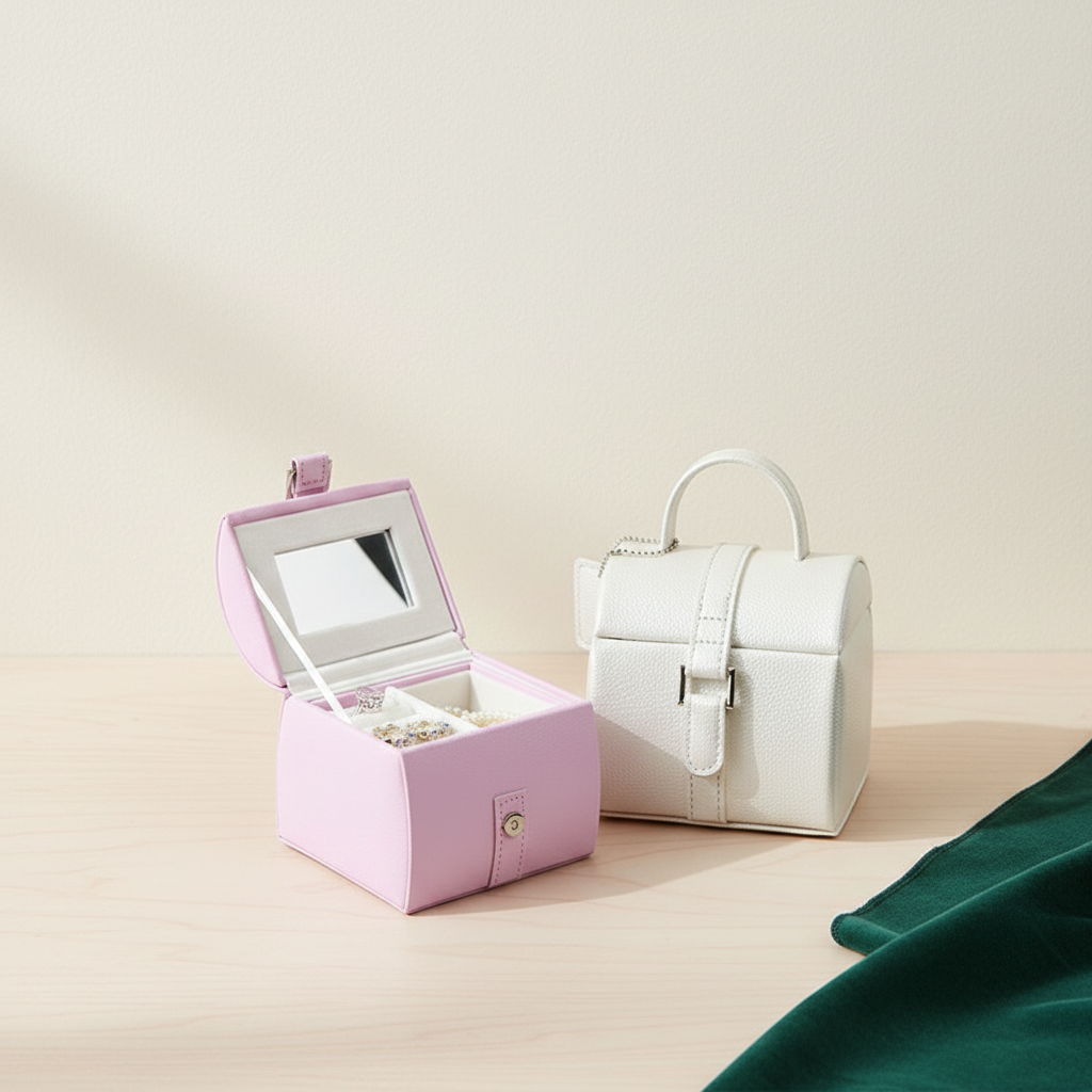Boîte à bijoux fille ouverte, miroir et plateau