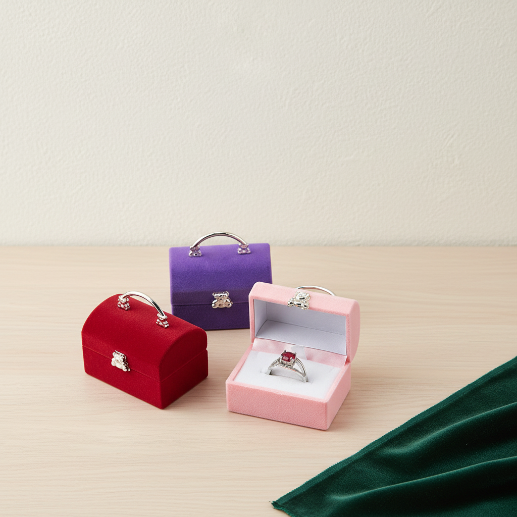 Coffret à bague en velours en forme de coffre, couvercle ouvert
