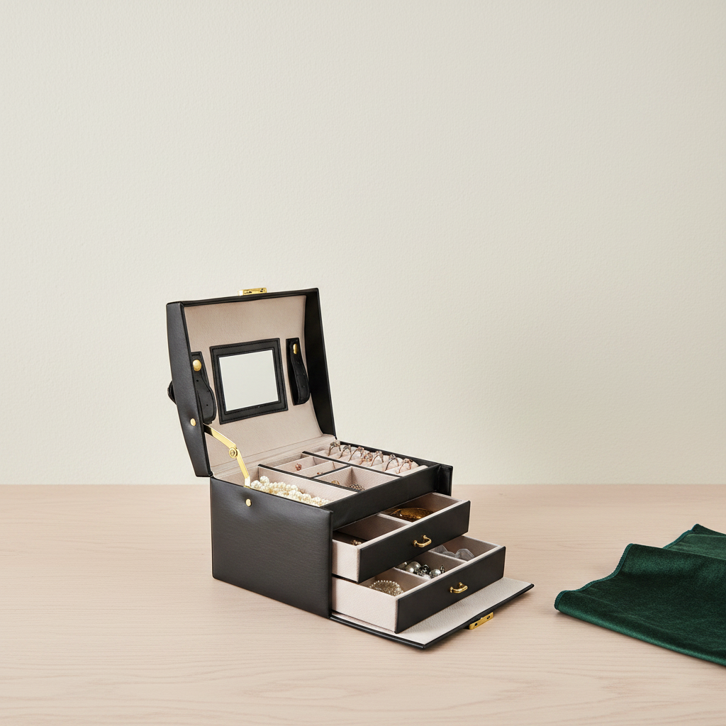 Boîte à bijoux à trois étages ouverte, miroir et plateau