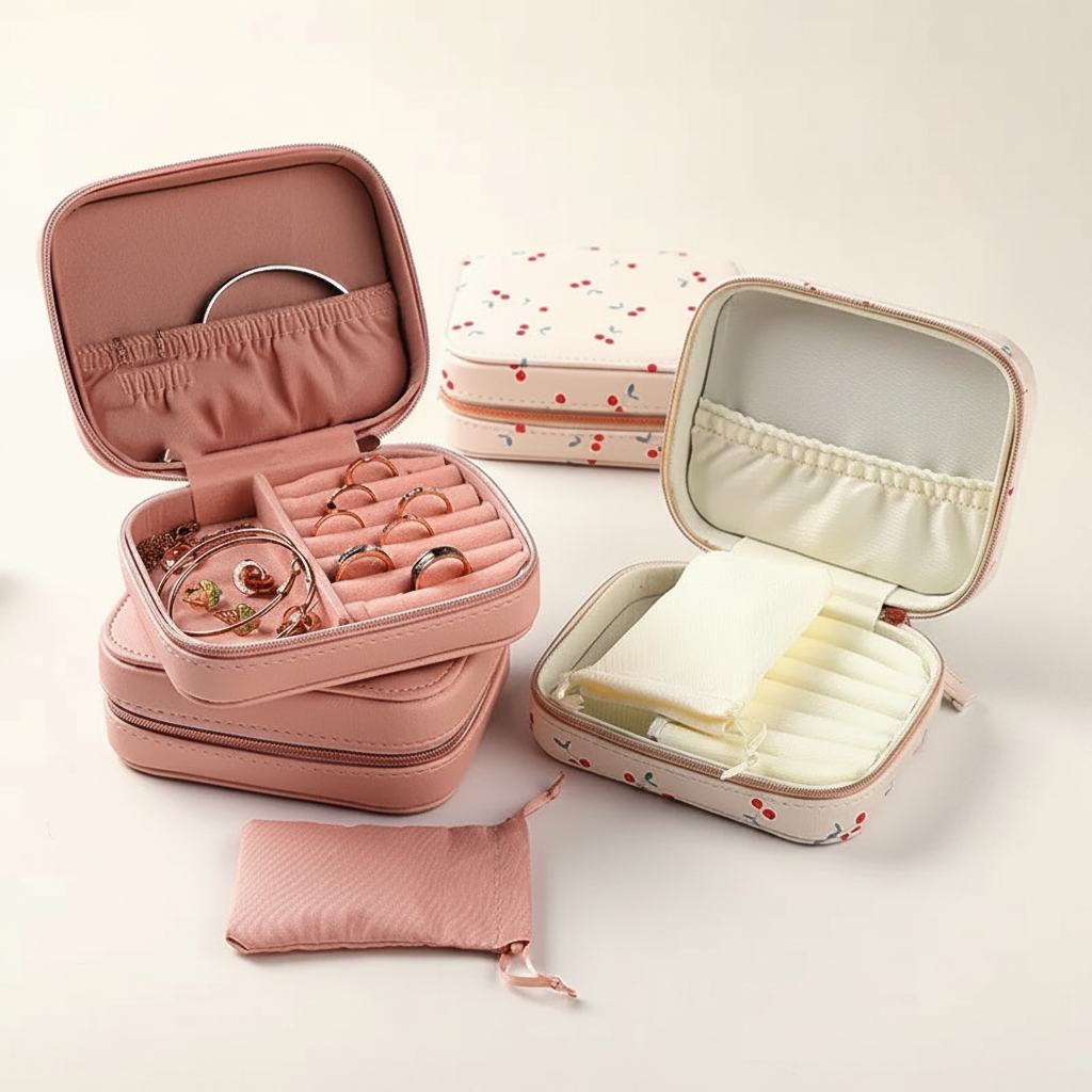 Coffret à bijoux en cuir zippé ouvert, miroir et fentes