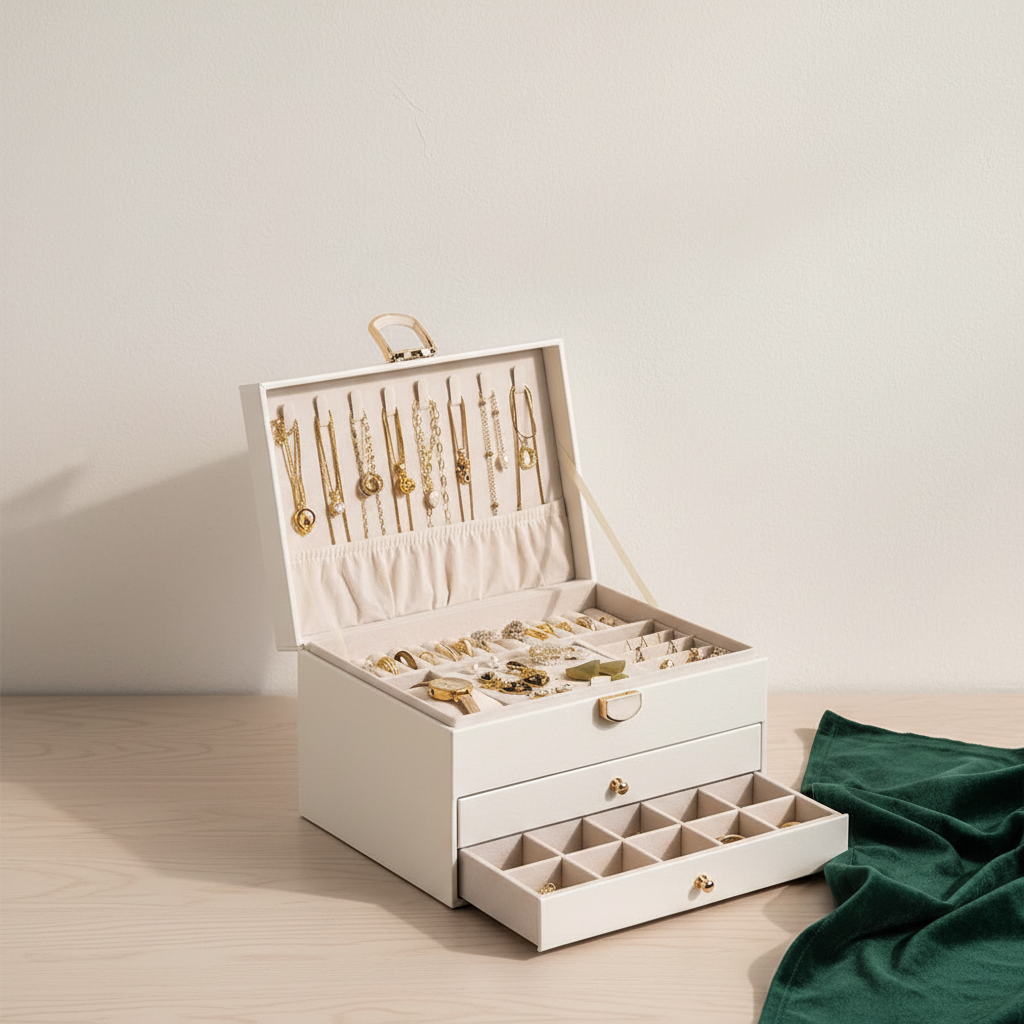 Boîte de rangement à bijoux à tiroir, ouverte, colliers suspendus sous le couvercle