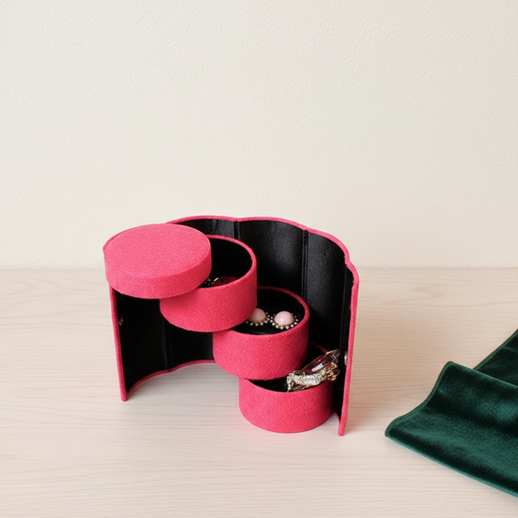 Boîte à bijoux rotative en velours déployée en éventail