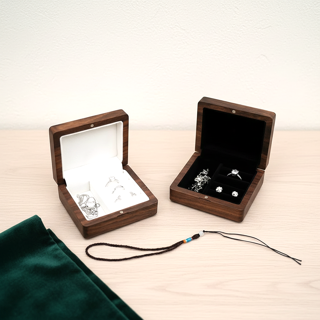 Boîte à bijoux en bois ouverte, deux fentes à alliances